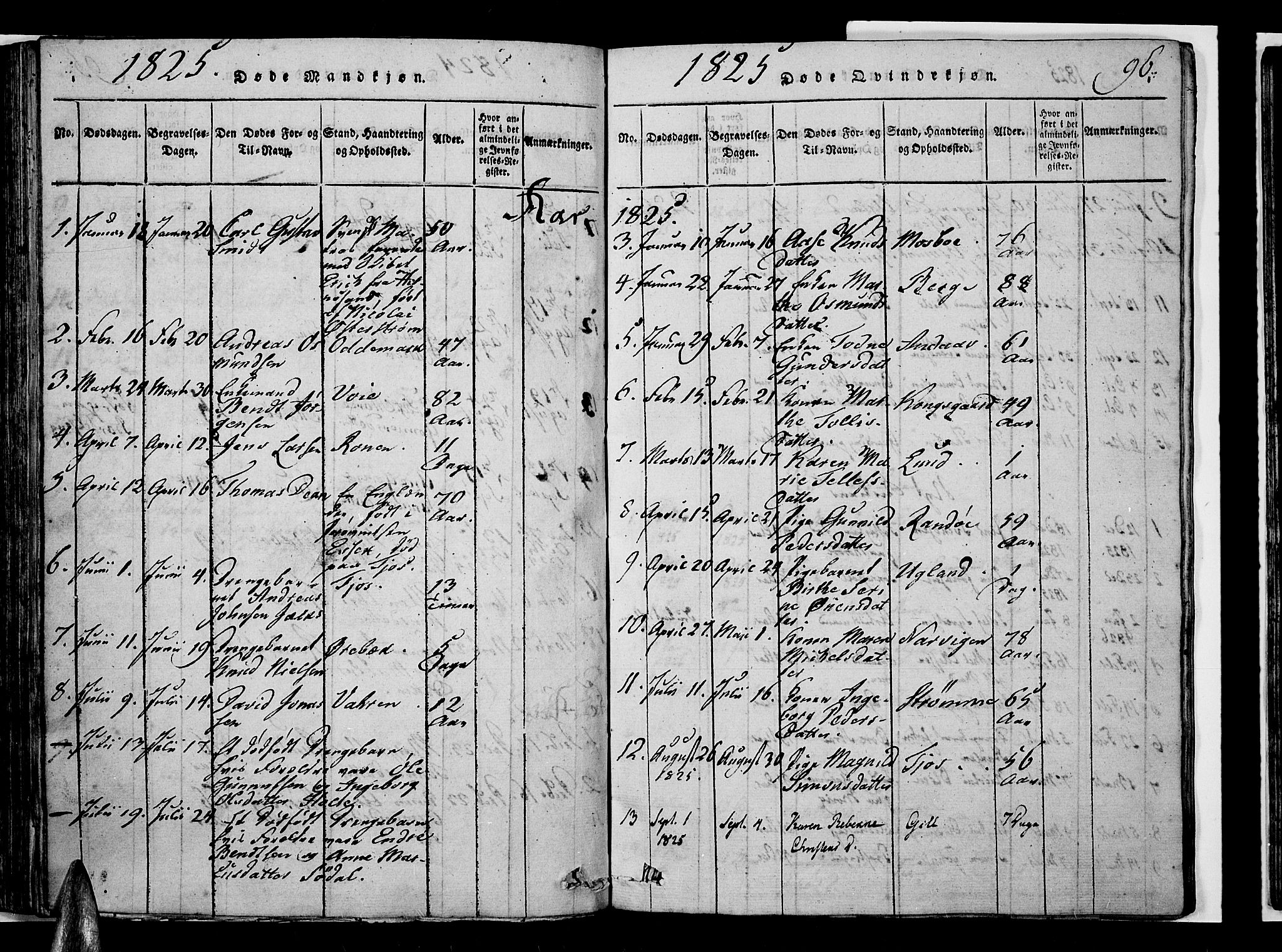 Oddernes sokneprestkontor, SAK/1111-0033/F/Fb/Fba/L0003: Klokkerbok nr. B 3, 1820-1838, s. 96