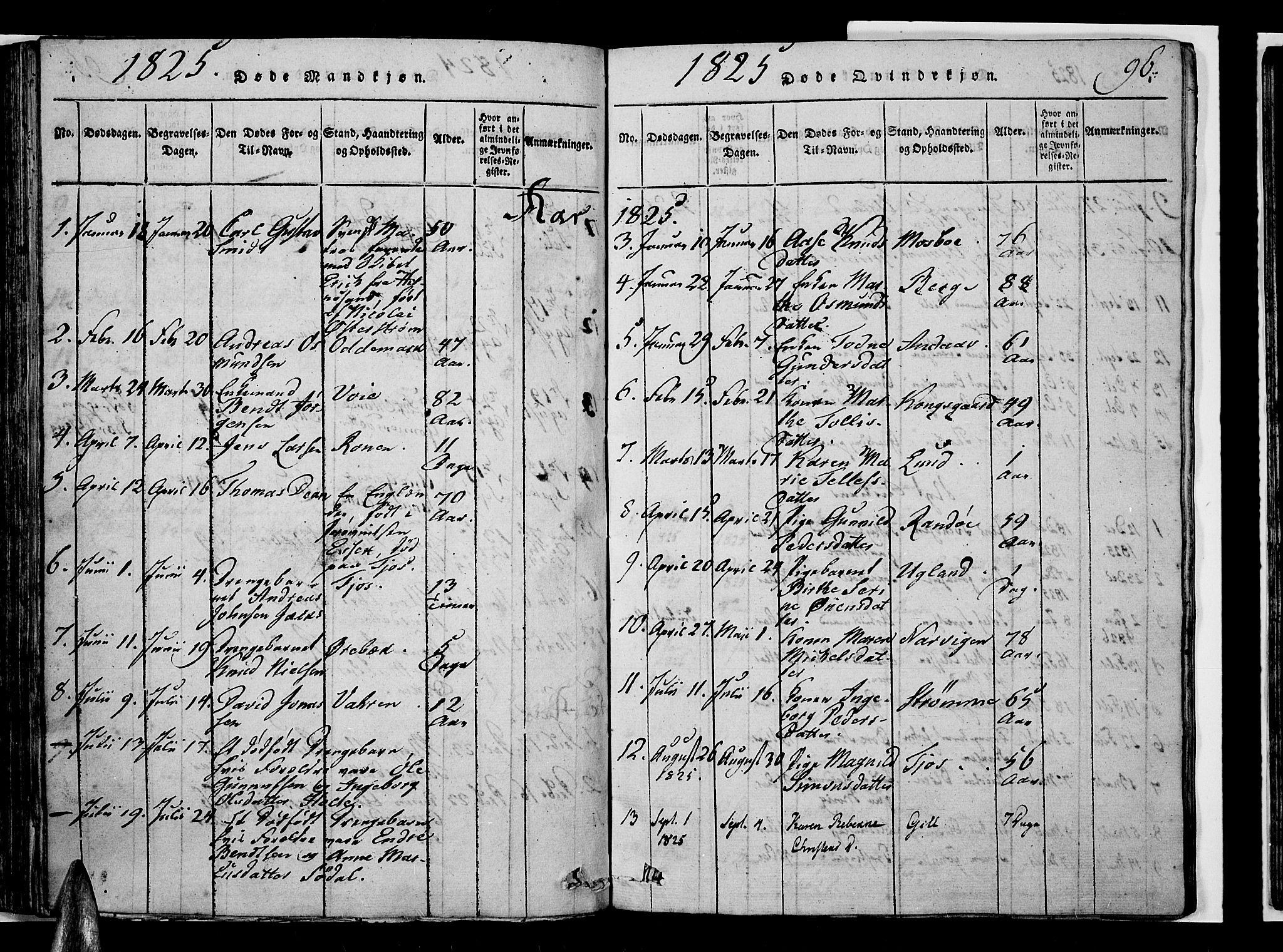 Oddernes sokneprestkontor, AV/SAK-1111-0033/F/Fb/Fba/L0003: Klokkerbok nr. B 3, 1820-1838, s. 96