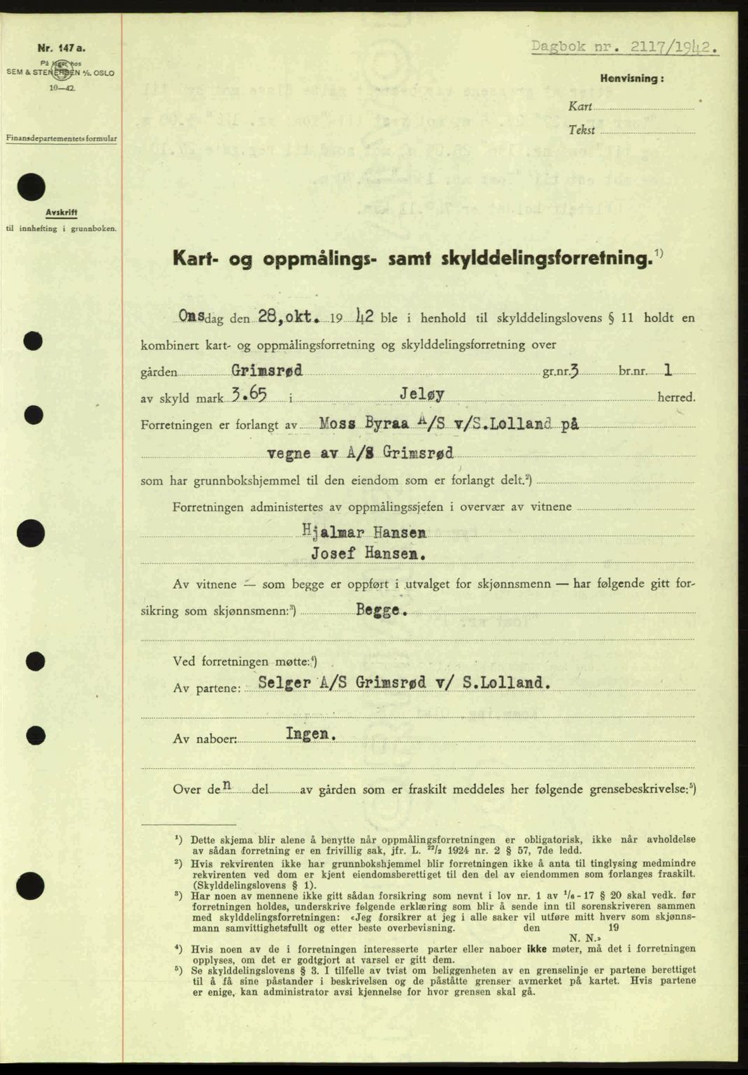 Moss sorenskriveri, SAO/A-10168: Pantebok nr. A10, 1942-1943, Dagboknr: 2117/1942