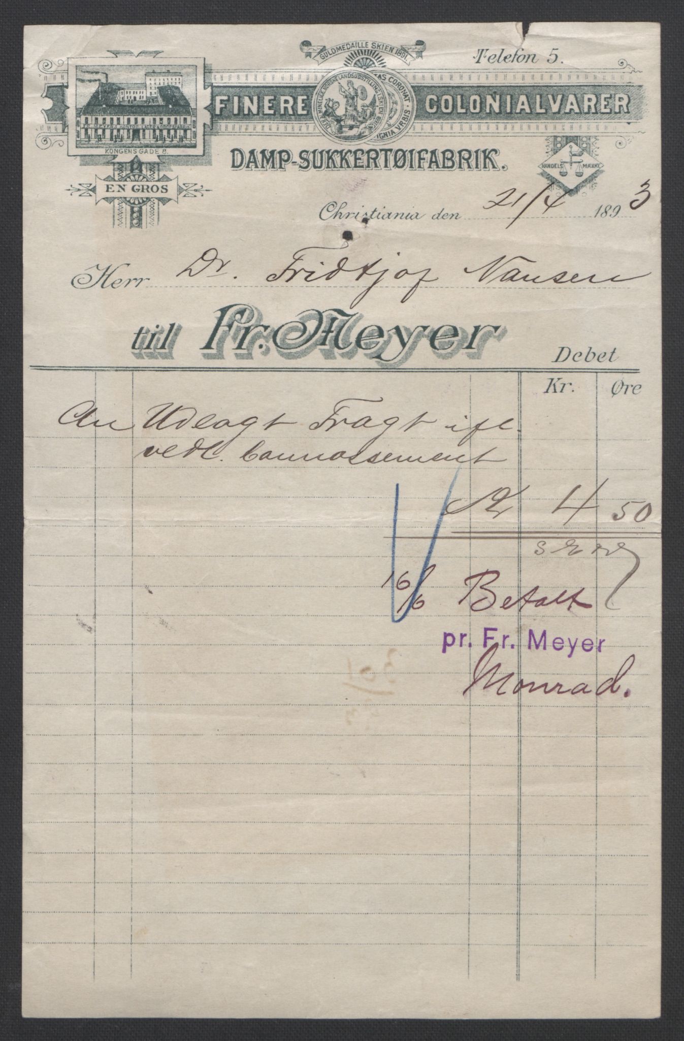 Arbeidskomitéen for Fridtjof Nansens polarekspedisjon, AV/RA-PA-0061/R/L0008/0003: Regnskapsbilag nr. 1-554 / Kassabilag 301-400, 1892-1893, s. 3