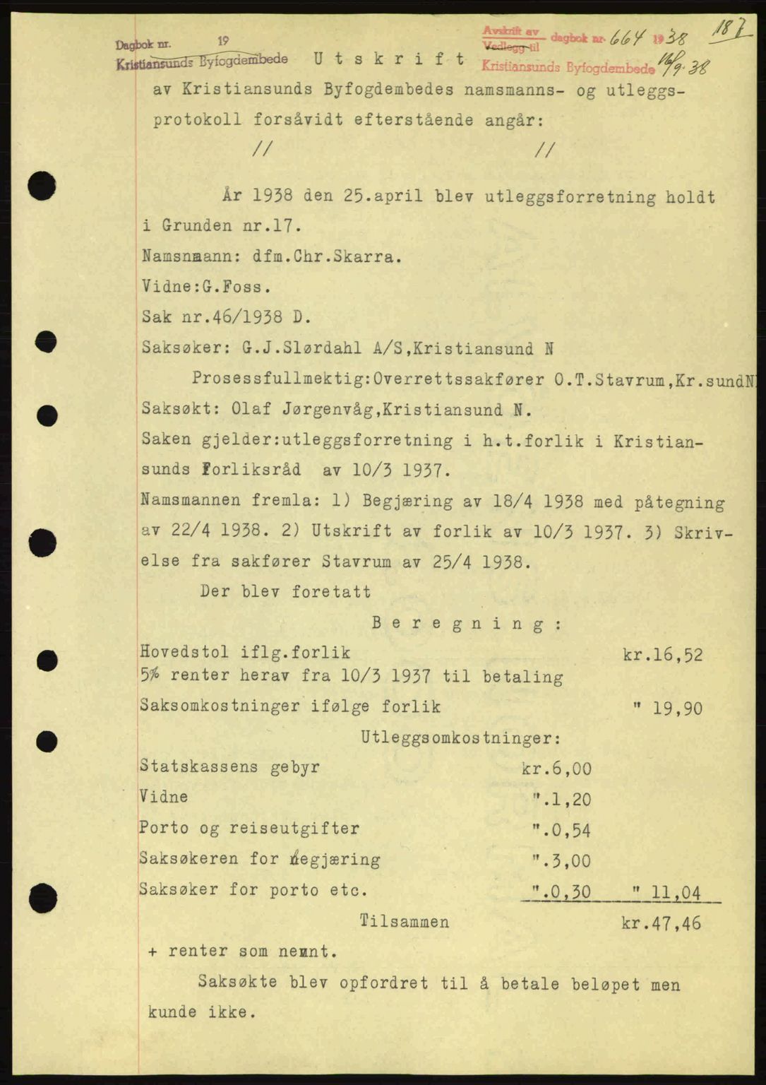 Kristiansund byfogd, SAT/A-4587/A/27: Pantebok nr. 31, 1938-1939, Dagboknr: 664/1938