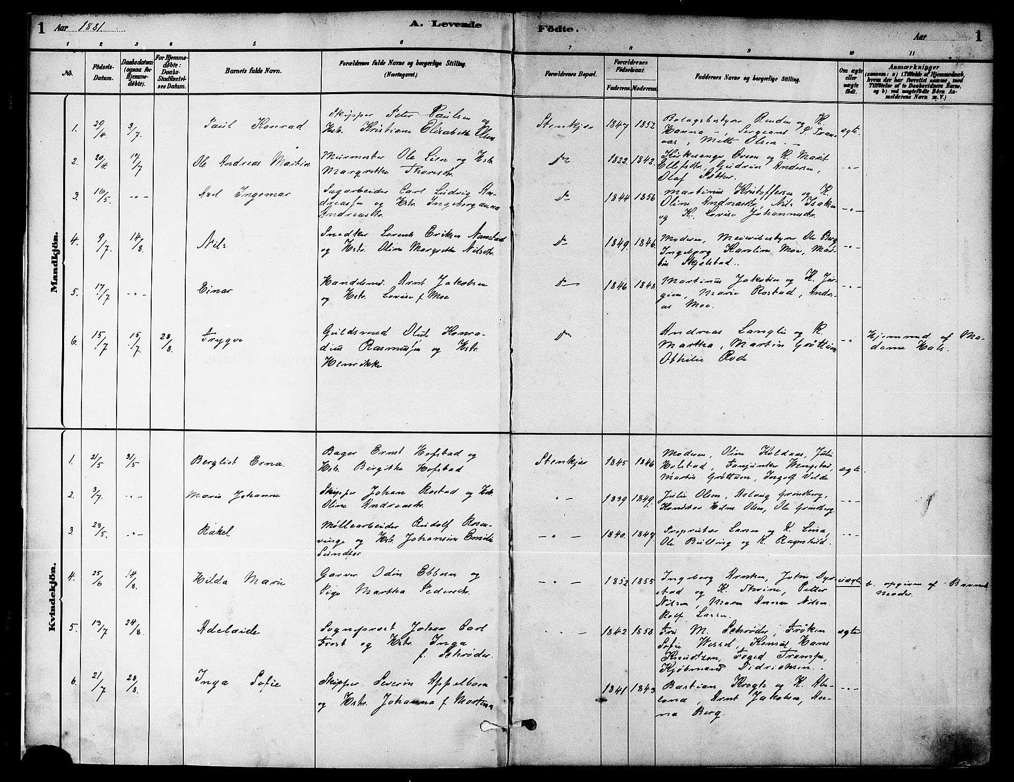 Ministerialprotokoller, klokkerbøker og fødselsregistre - Nord-Trøndelag, AV/SAT-A-1458/739/L0371: Ministerialbok nr. 739A03, 1881-1895, s. 1