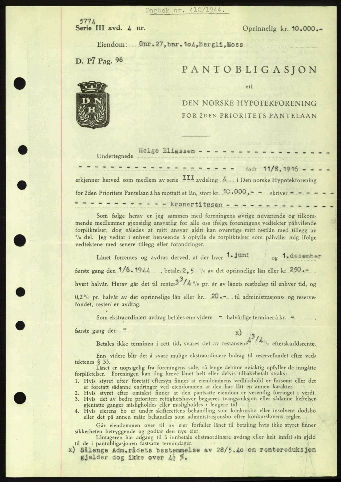 Moss sorenskriveri, SAO/A-10168: Pantebok nr. B13, 1943-1945, Dagboknr: 410/1944