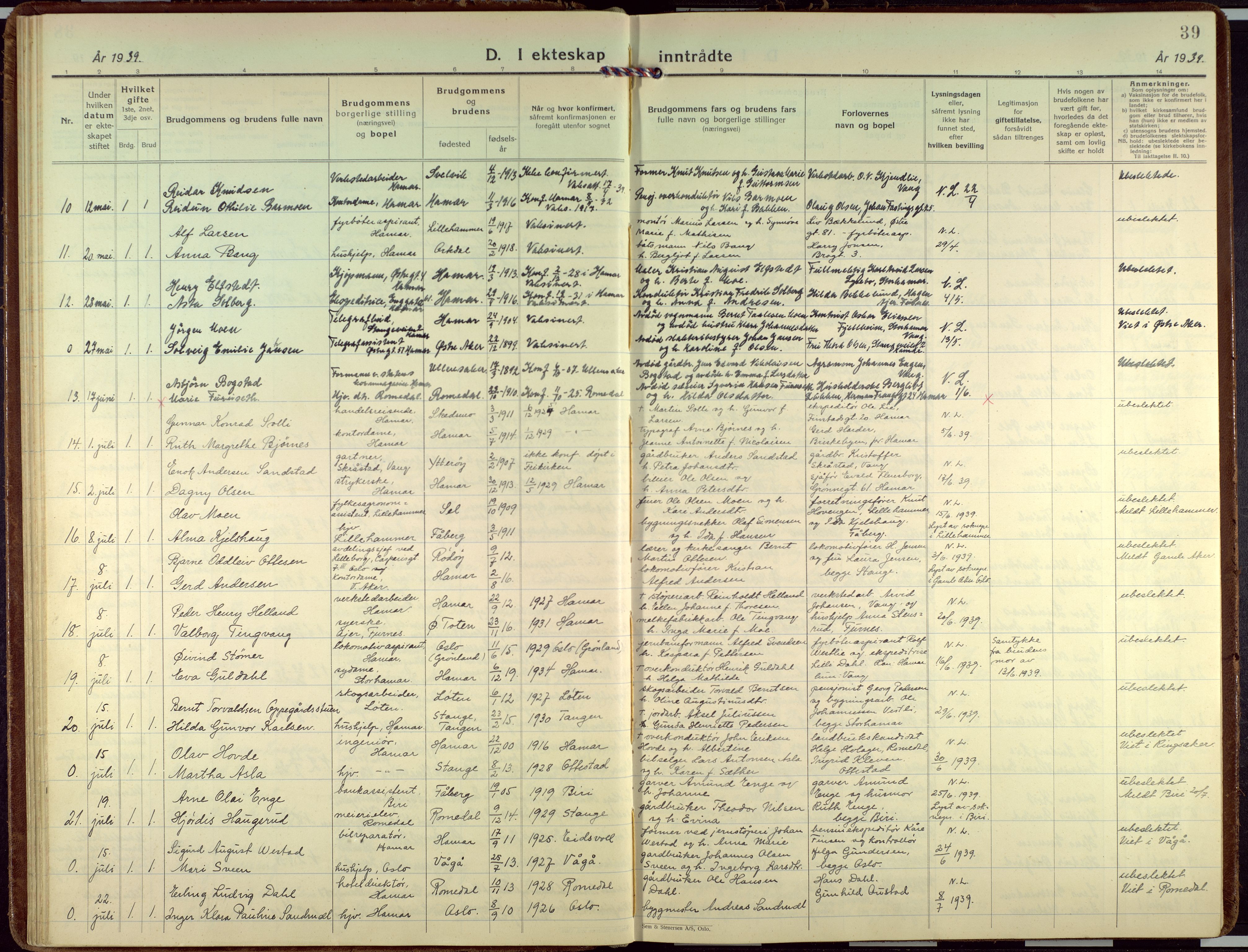 Hamar prestekontor, AV/SAH-DOMPH-002/H/Ha/Haa/L0006: Ministerialbok nr. 6, 1931-1953, s. 39