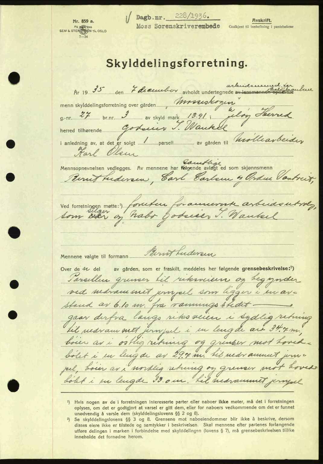 Moss sorenskriveri, SAO/A-10168: Pantebok nr. A1, 1936-1936, Dagboknr: 228/1936