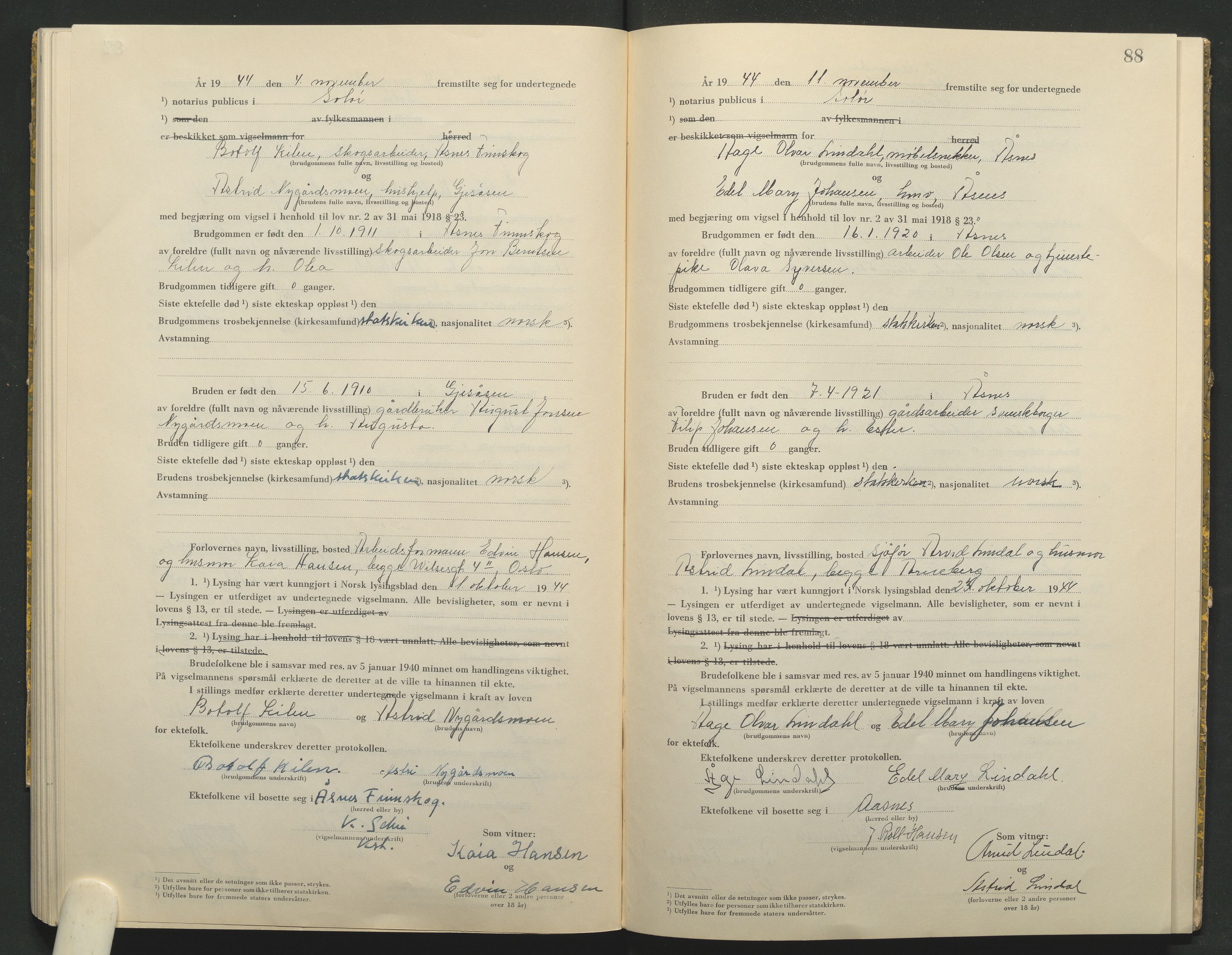 Solør tingrett, AV/SAH-TING-008/L/Lb/L0002: Vigselprotokoll, 1943-1944, s. 88