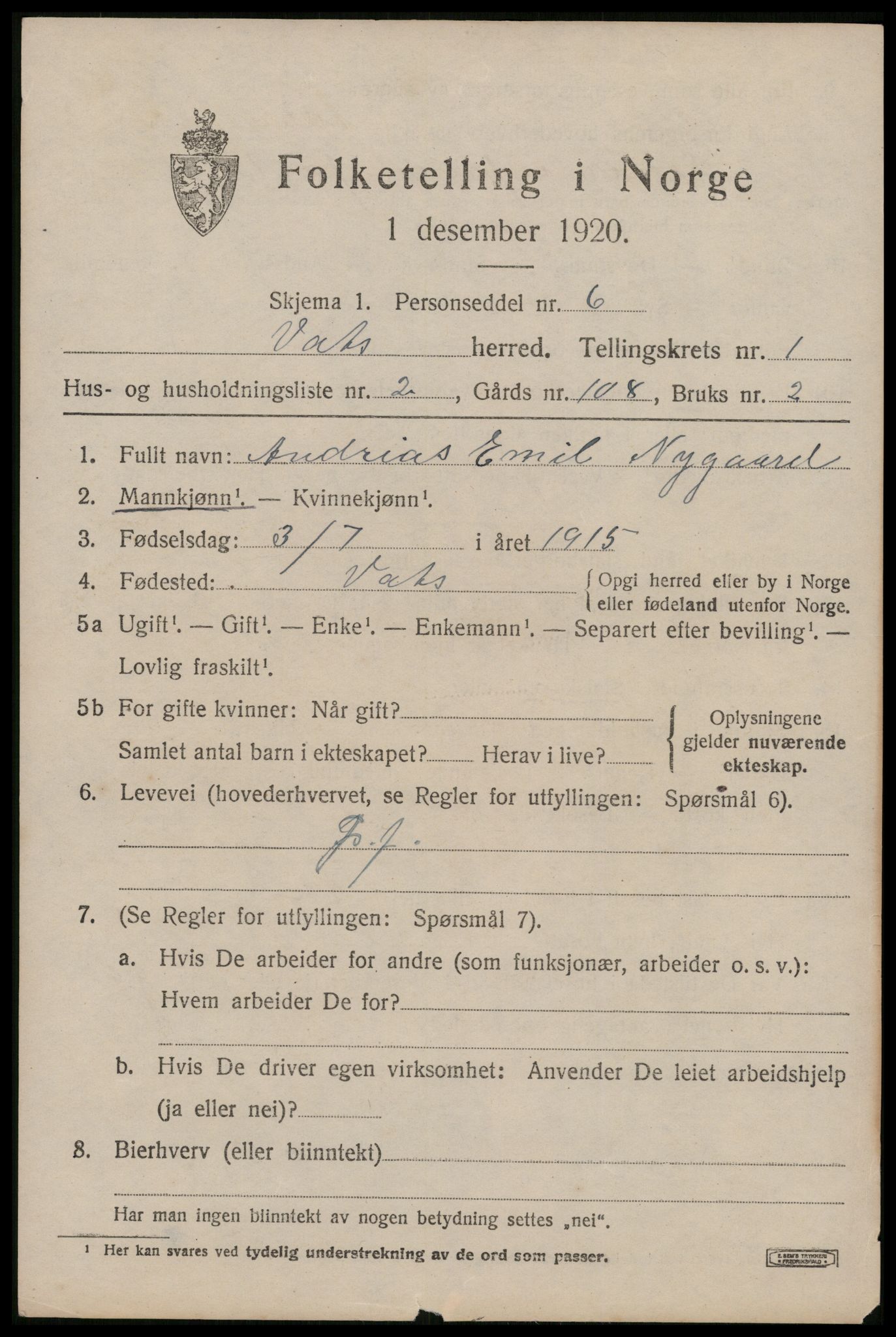 SAST, Folketelling 1920 for 1155 Vats herred, 1920, s. 519