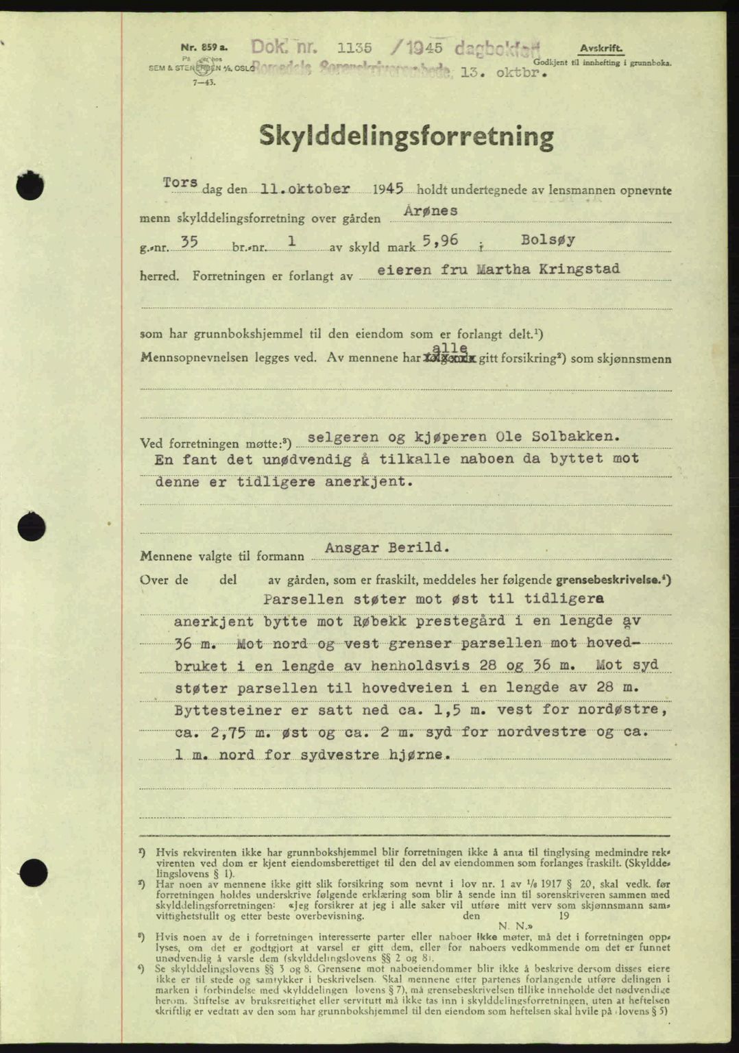 Romsdal sorenskriveri, SAT/A-4149/1/2/2C: Pantebok nr. A18, 1945-1945, Dagboknr: 1135/1945