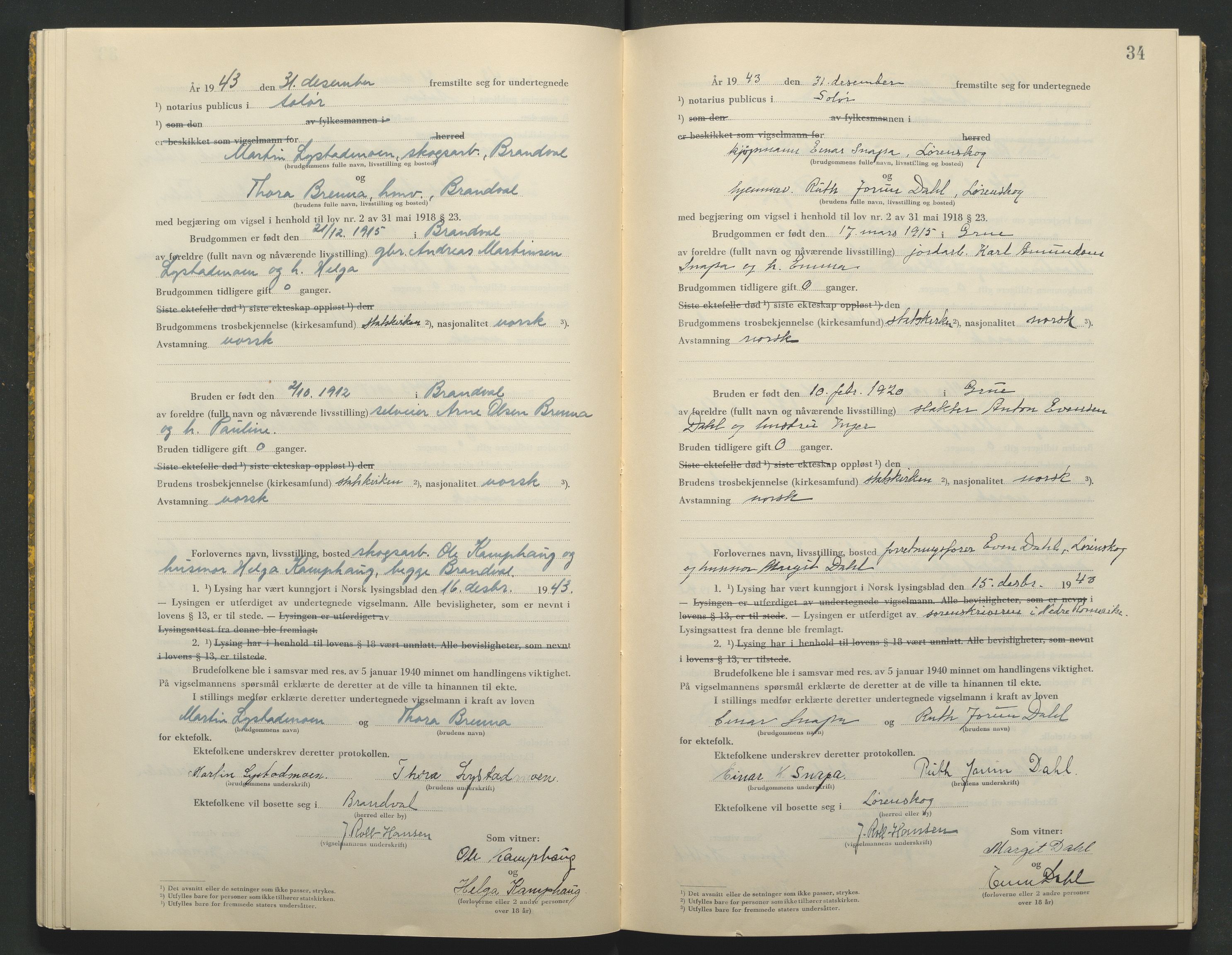 Solør tingrett, AV/SAH-TING-008/L/Lb/L0002: Vigselprotokoll, 1943-1944, s. 34