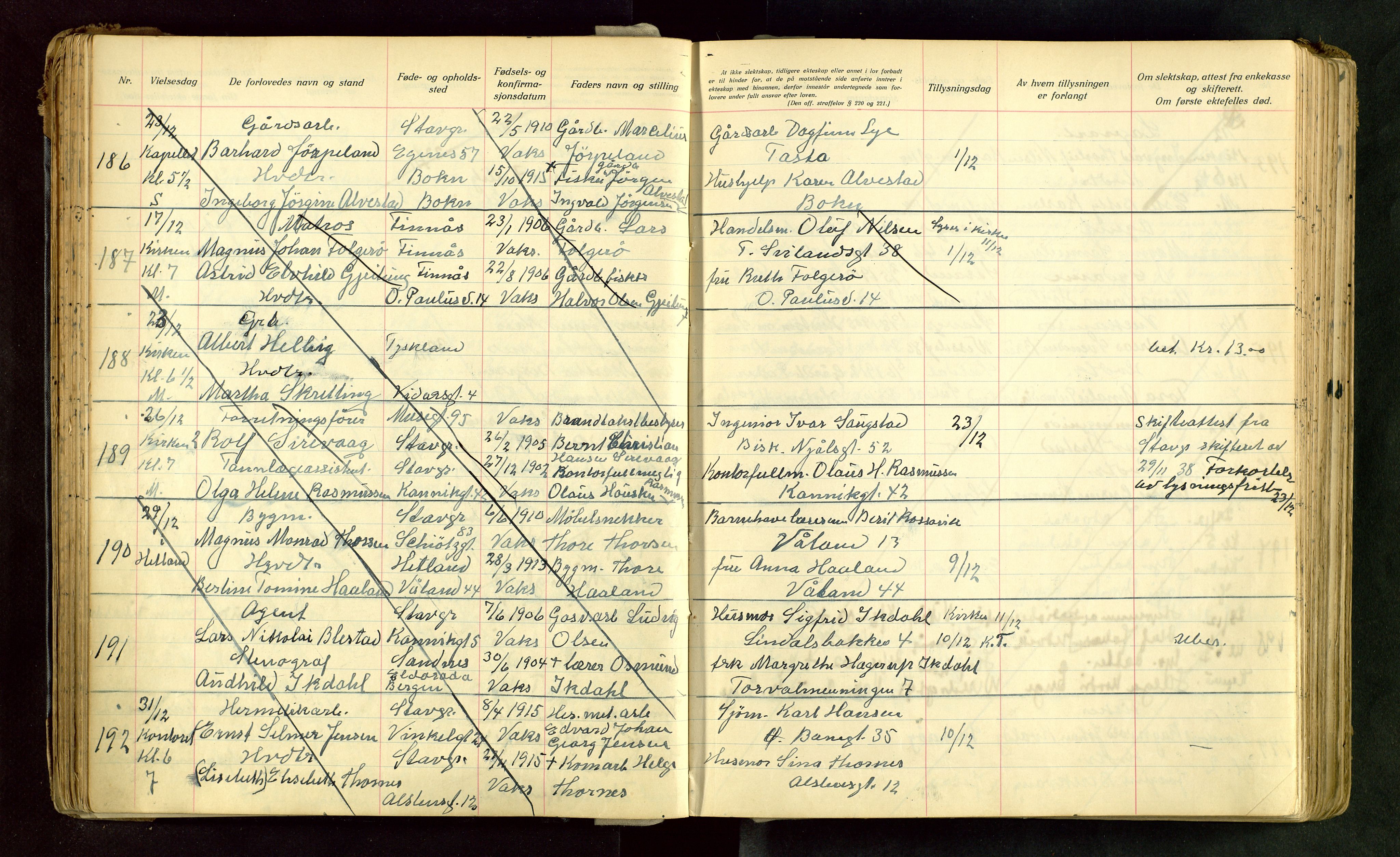 Domkirken sokneprestkontor, AV/SAST-A-101812/001/70/705BA/L0008: Lysningsprotokoll nr. 8, 1936-1956