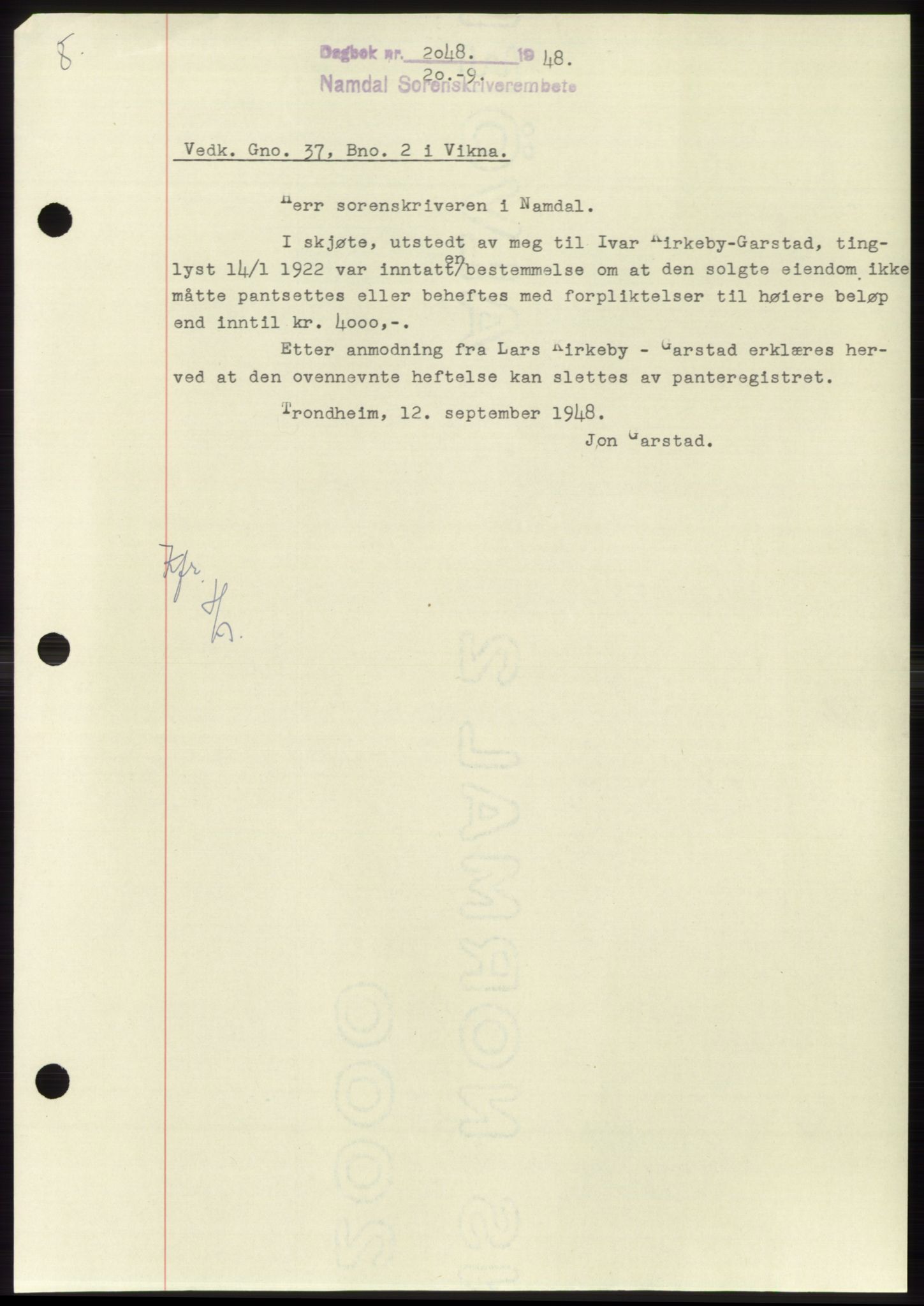 Namdal sorenskriveri, SAT/A-4133/1/2/2C: Pantebok nr. -, 1948-1948, Dagboknr: 2048/1948