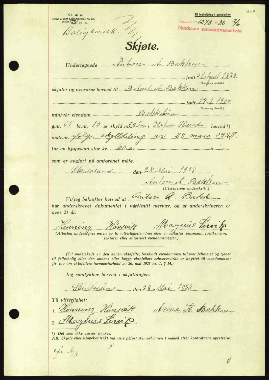 Nordmøre sorenskriveri, SAT/A-4132/1/2/2Ca: Pantebok nr. A83, 1938-1938, Dagboknr: 1278/1938