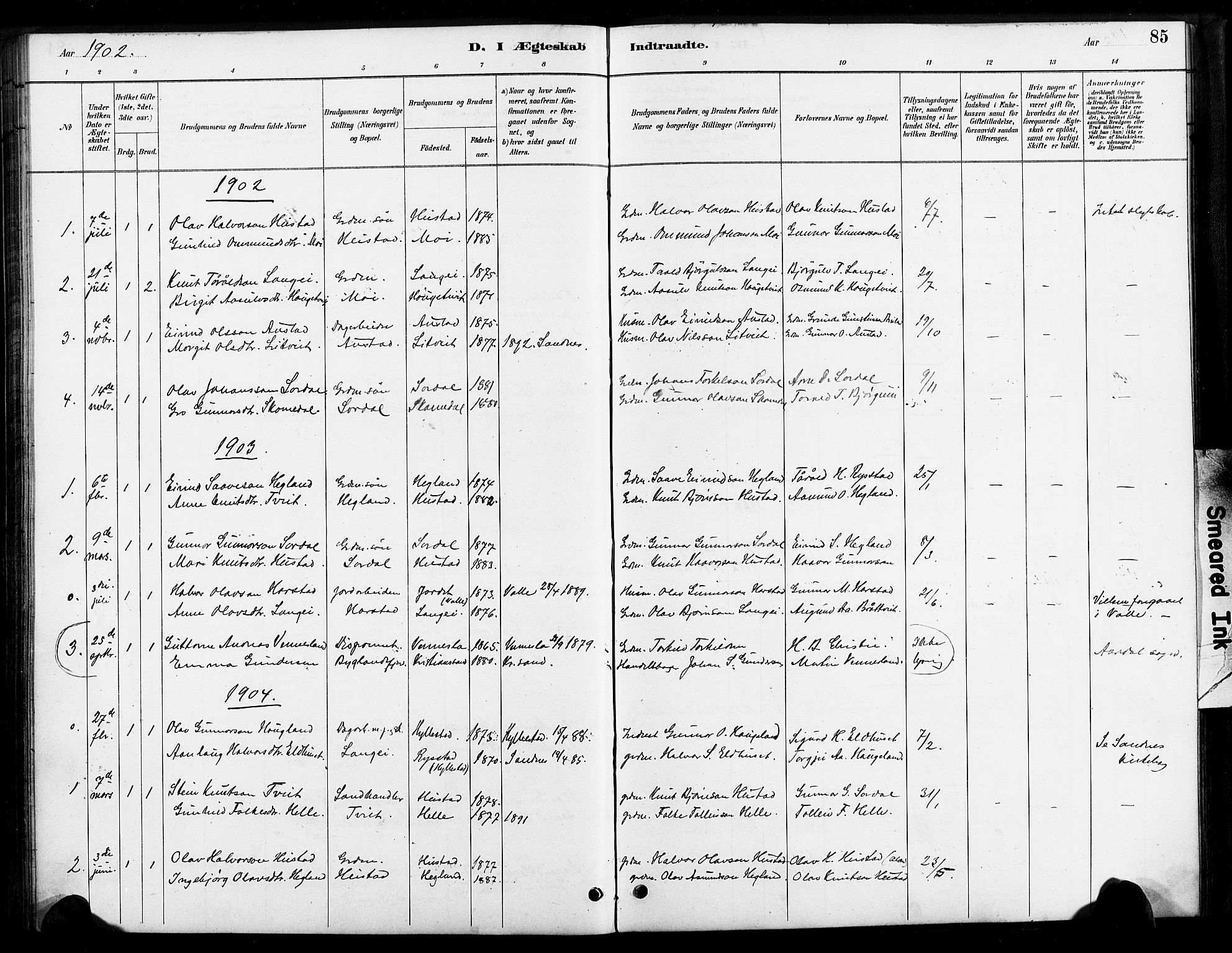 Bygland sokneprestkontor, AV/SAK-1111-0006/F/Fa/Faa/L0001: Ministerialbok nr. A 1, 1885-1908, s. 85