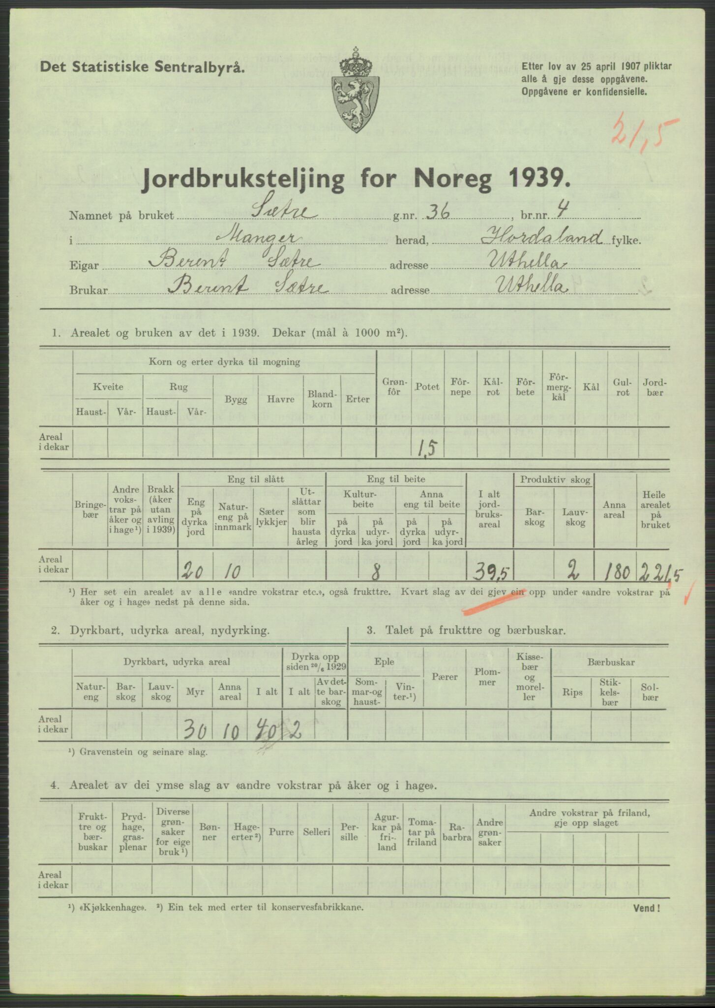 Statistisk sentralbyrå, Næringsøkonomiske emner, Jordbruk, skogbruk, jakt, fiske og fangst, AV/RA-S-2234/G/Gb/L0211: Hordaland: Herdla, Hjelme og Manger, 1939, s. 1735