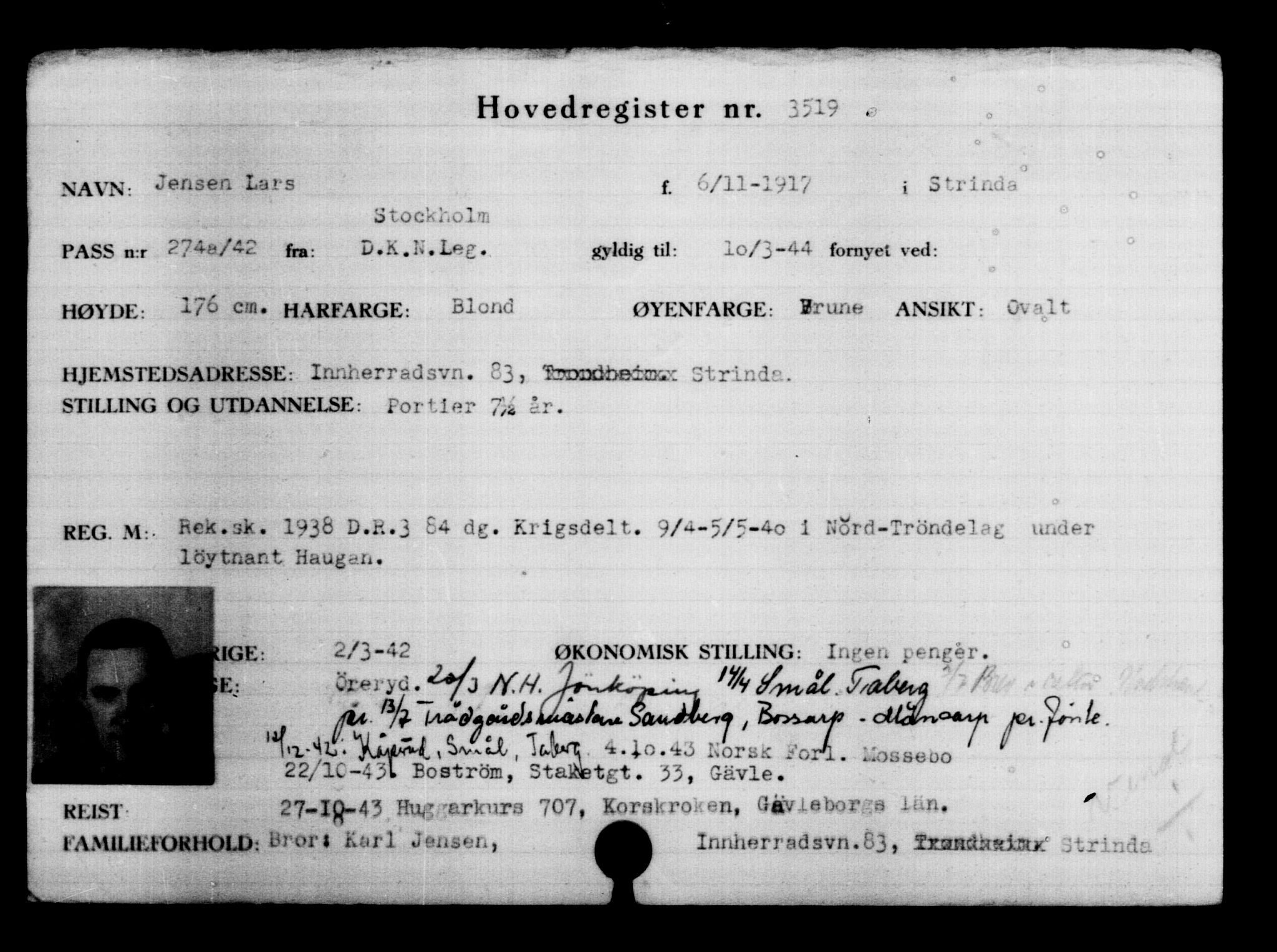 Utenriksstasjonene, Legasjonen i Stockholm, Flyktningkontoret, AV/RA-S-6753/V/Va/L0004: Kjesäterkartoteket, flyktninger med registreringsnr. 3496-6610, 1940-1945, s. 30