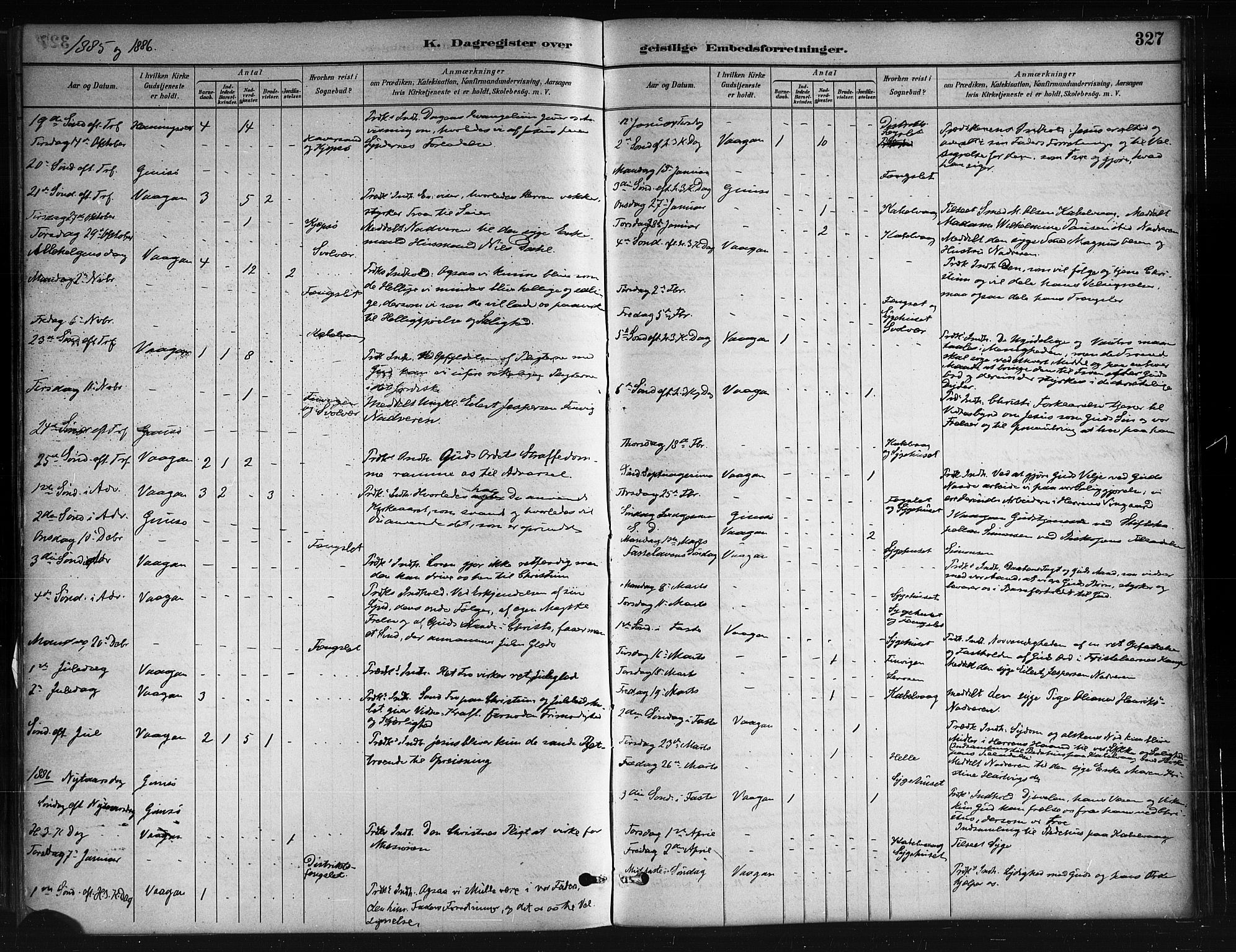 Ministerialprotokoller, klokkerbøker og fødselsregistre - Nordland, SAT/A-1459/874/L1059: Ministerialbok nr. 874A03, 1884-1890, s. 327
