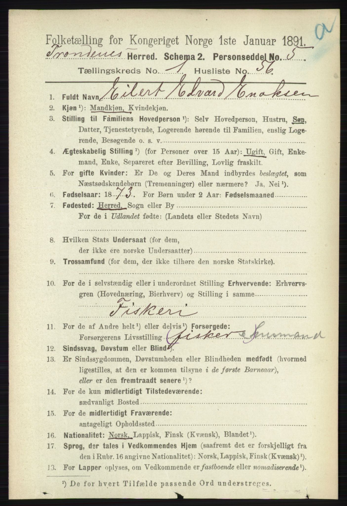 RA, Folketelling 1891 for 1914 Trondenes herred, 1891, s. 485