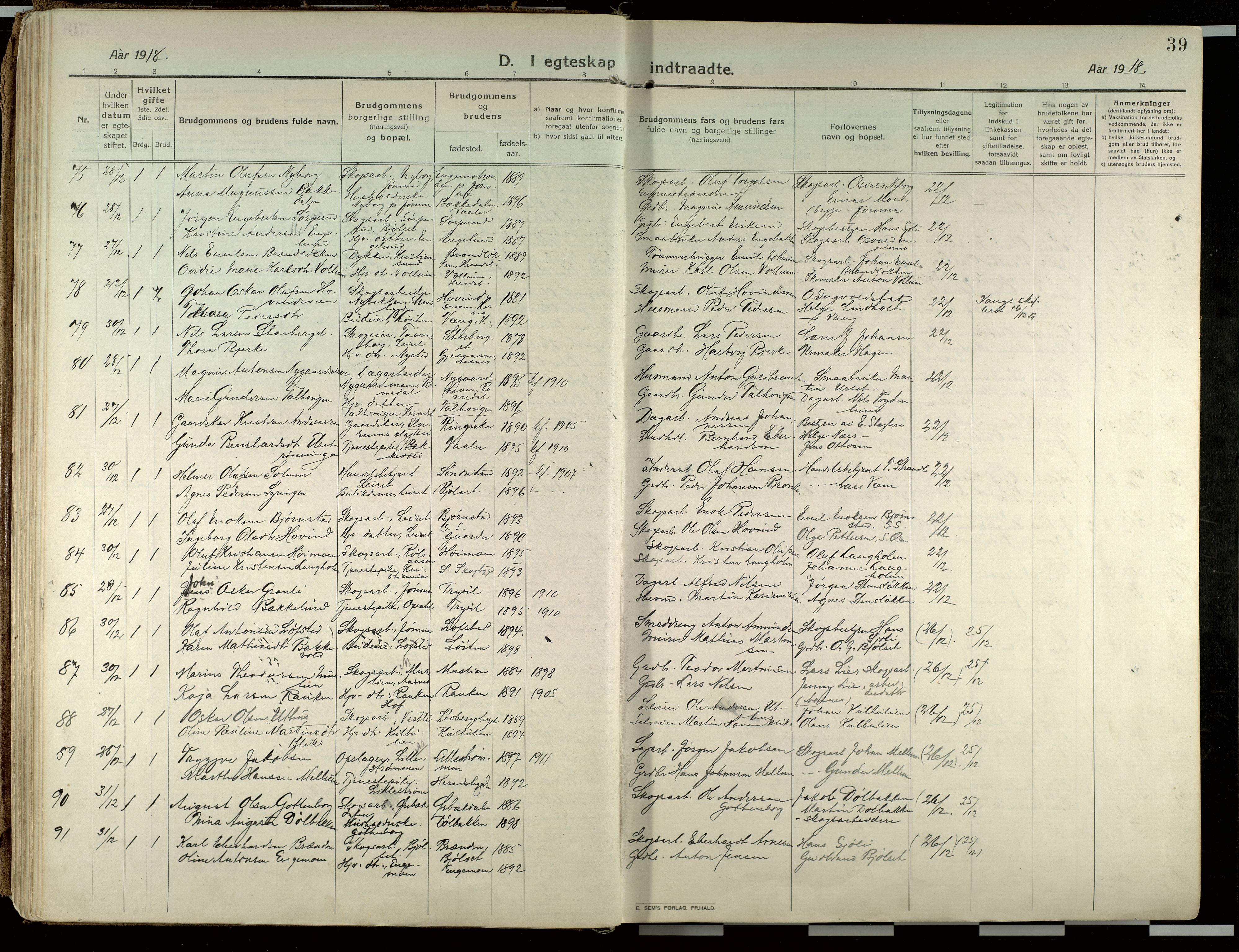 Elverum prestekontor, AV/SAH-PREST-044/H/Ha/Haa/L0021: Ministerialbok nr. 21, 1913-1928, s. 39