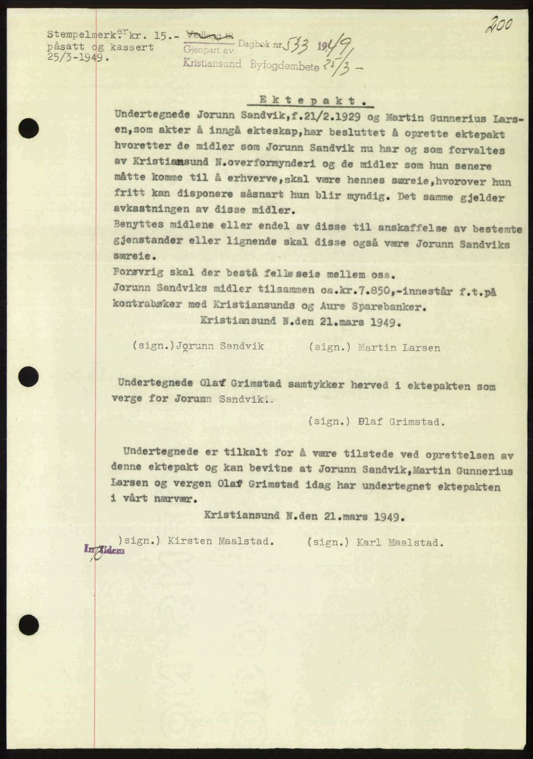 Kristiansund byfogd, AV/SAT-A-4587/A/27: Pantebok nr. 45, 1948-1949, Dagboknr: 533/1949