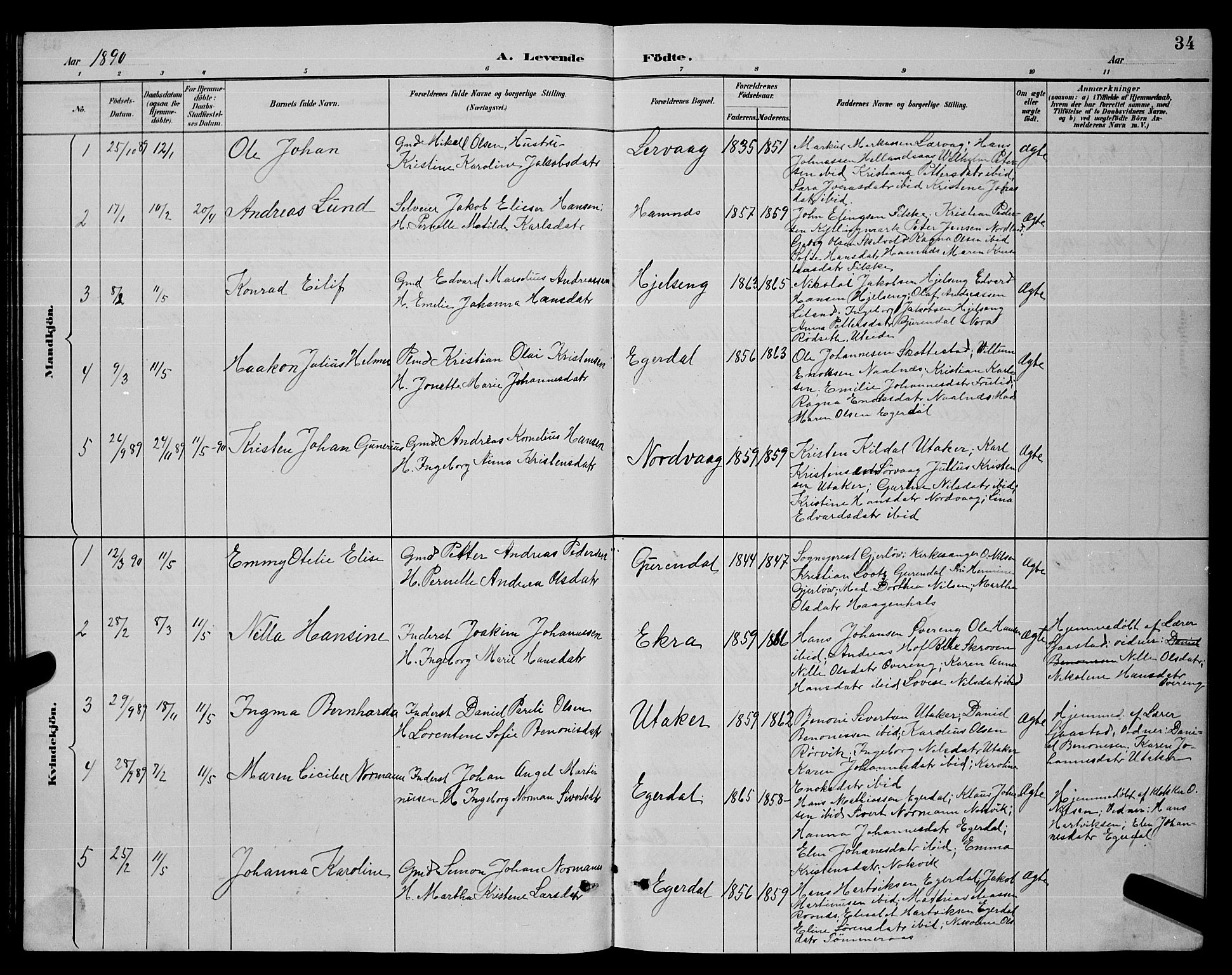 Ministerialprotokoller, klokkerbøker og fødselsregistre - Nordland, AV/SAT-A-1459/859/L0859: Klokkerbok nr. 859C05, 1887-1898, s. 34