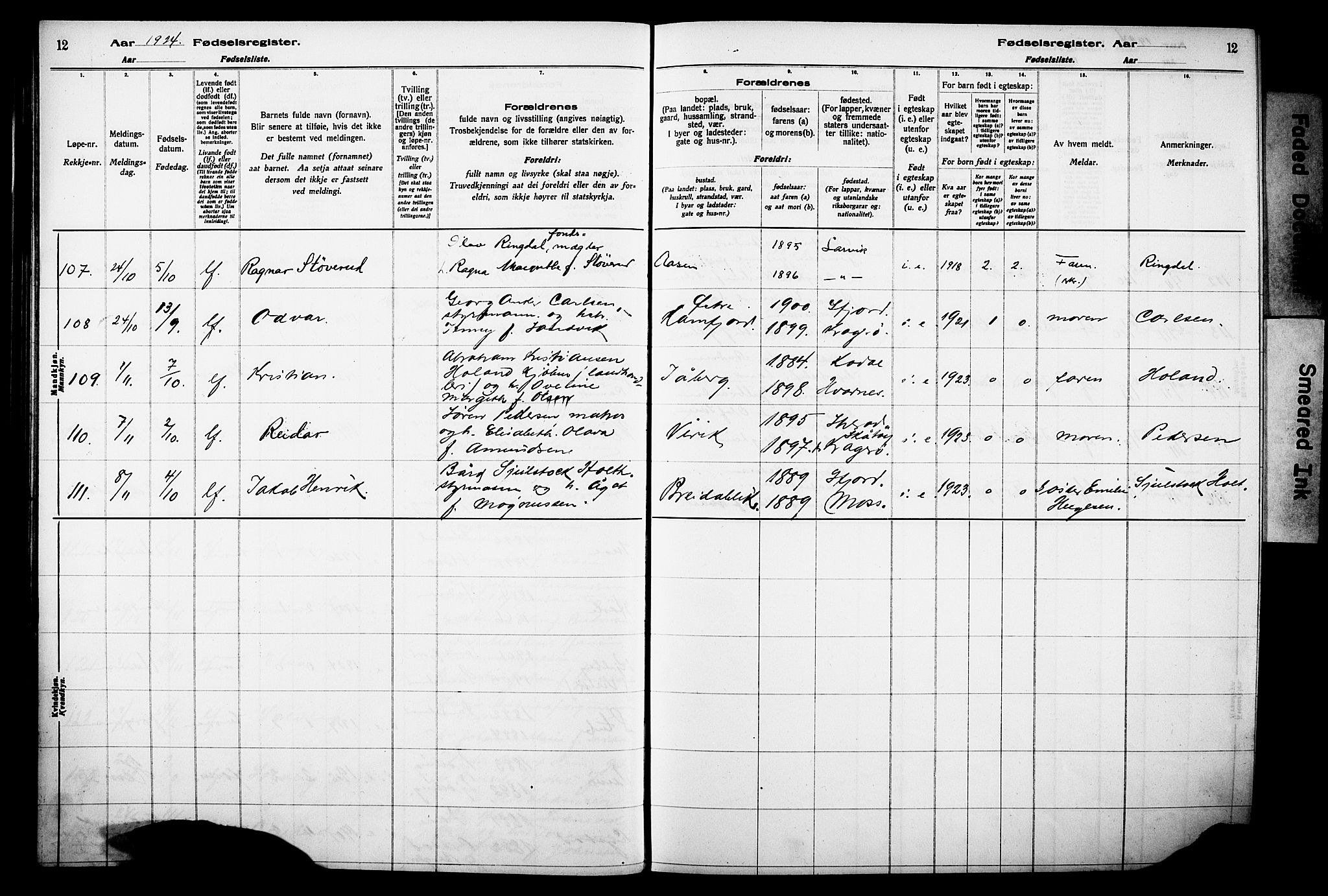 Sandar kirkebøker, AV/SAKO-A-243/J/Ja/L0002: Fødselsregister nr. 2, 1922-1929, s. 12