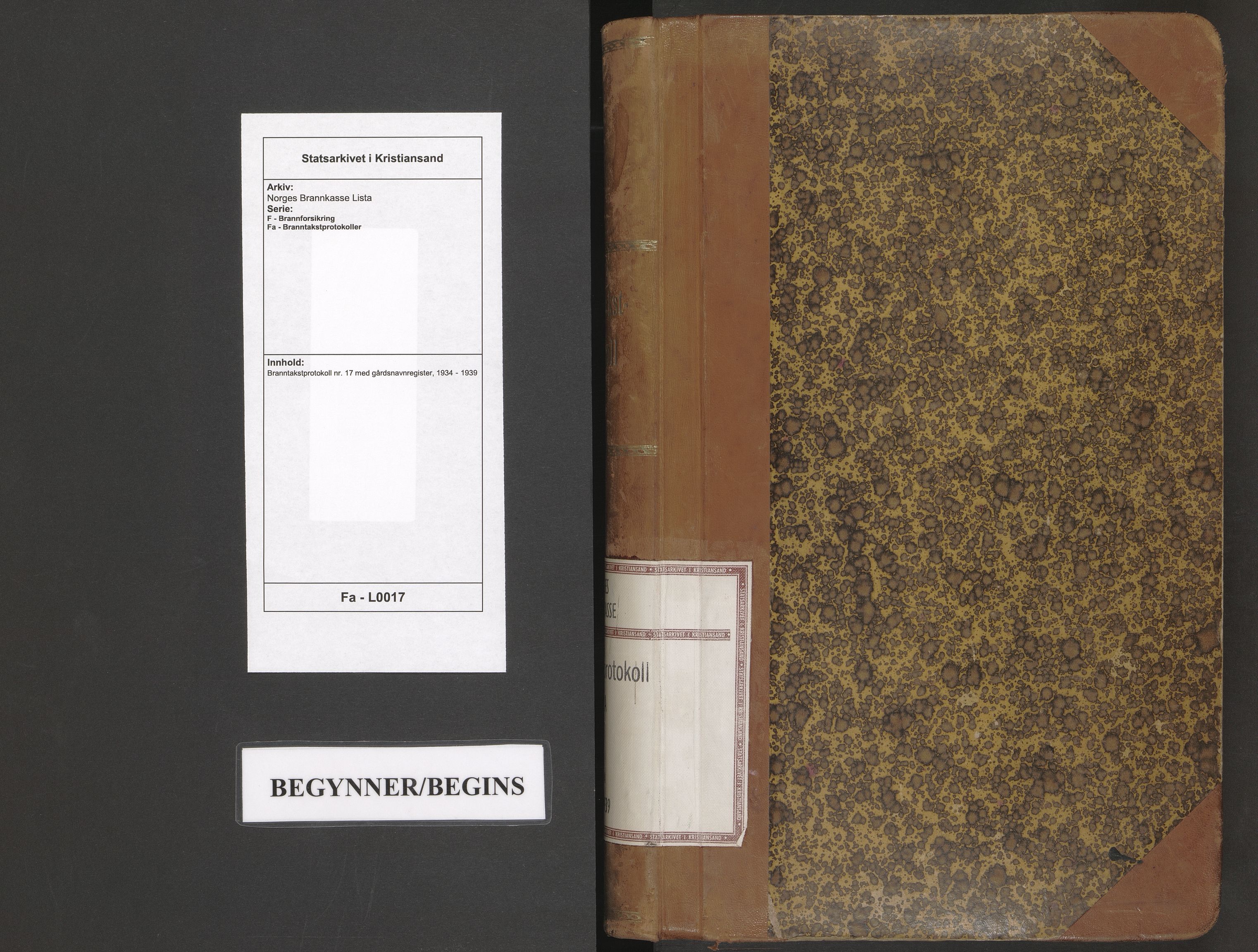 Norges Brannkasse Lista, SAK/2241-0035/F/Fa/L0017: Branntakstprotokoll nr. 17 med gårdsnavnregister, 1934-1939