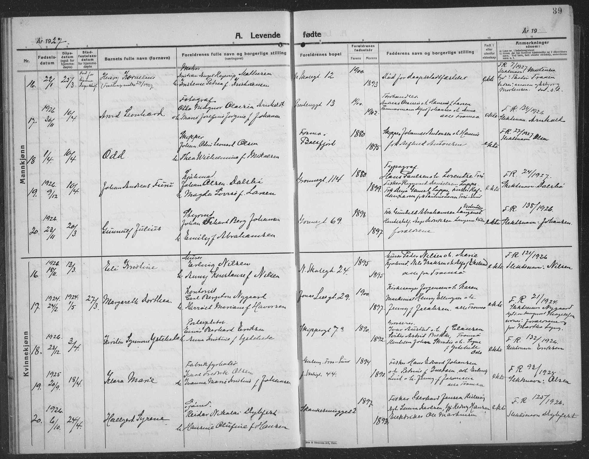 Tromsø sokneprestkontor/stiftsprosti/domprosti, AV/SATØ-S-1343/G/Gb/L0010klokker: Klokkerbok nr. 10, 1925-1937, s. 39