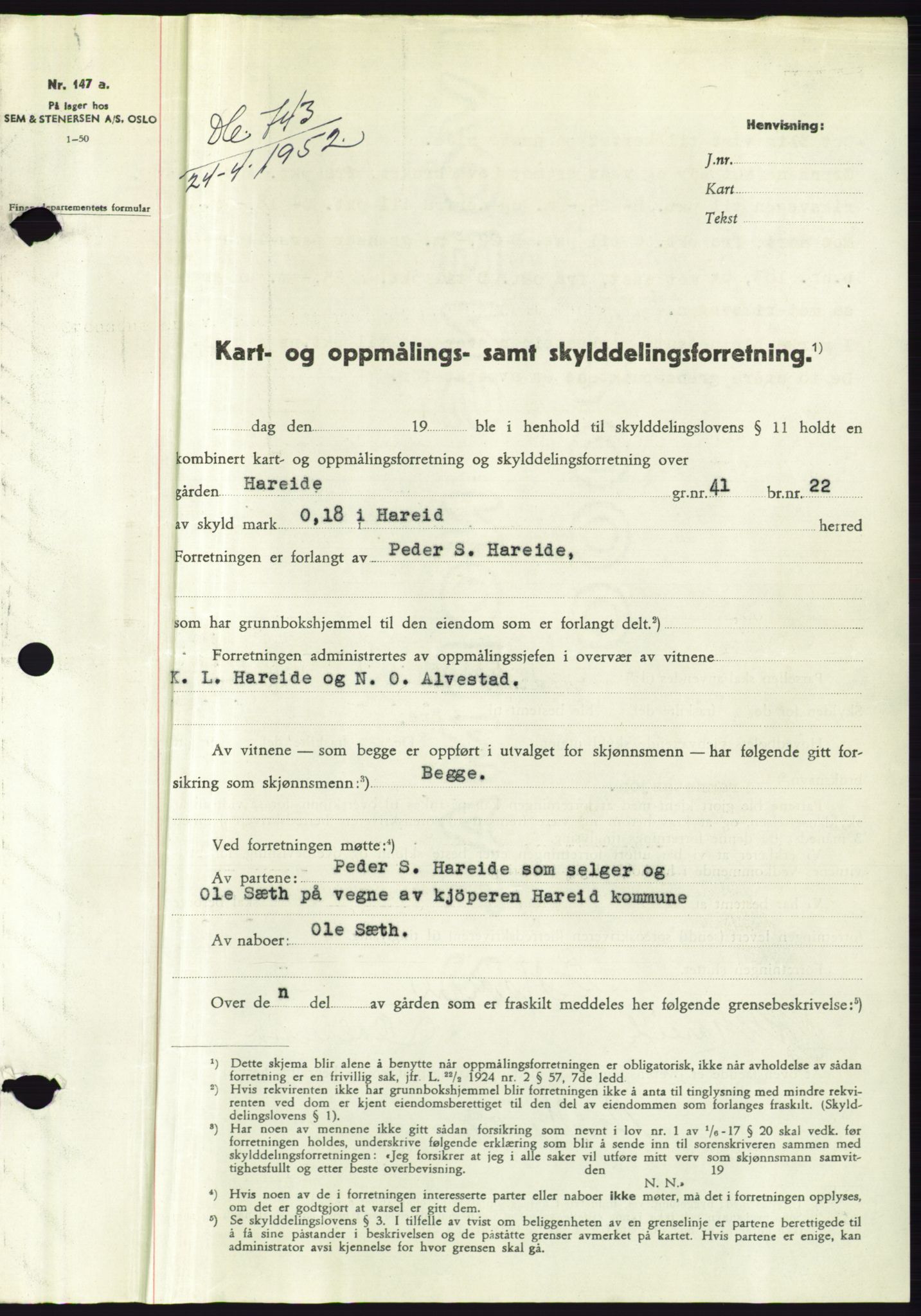 Søre Sunnmøre sorenskriveri, AV/SAT-A-4122/1/2/2C/L0092: Pantebok nr. 18A, 1952-1952, Dagboknr: 743/1952