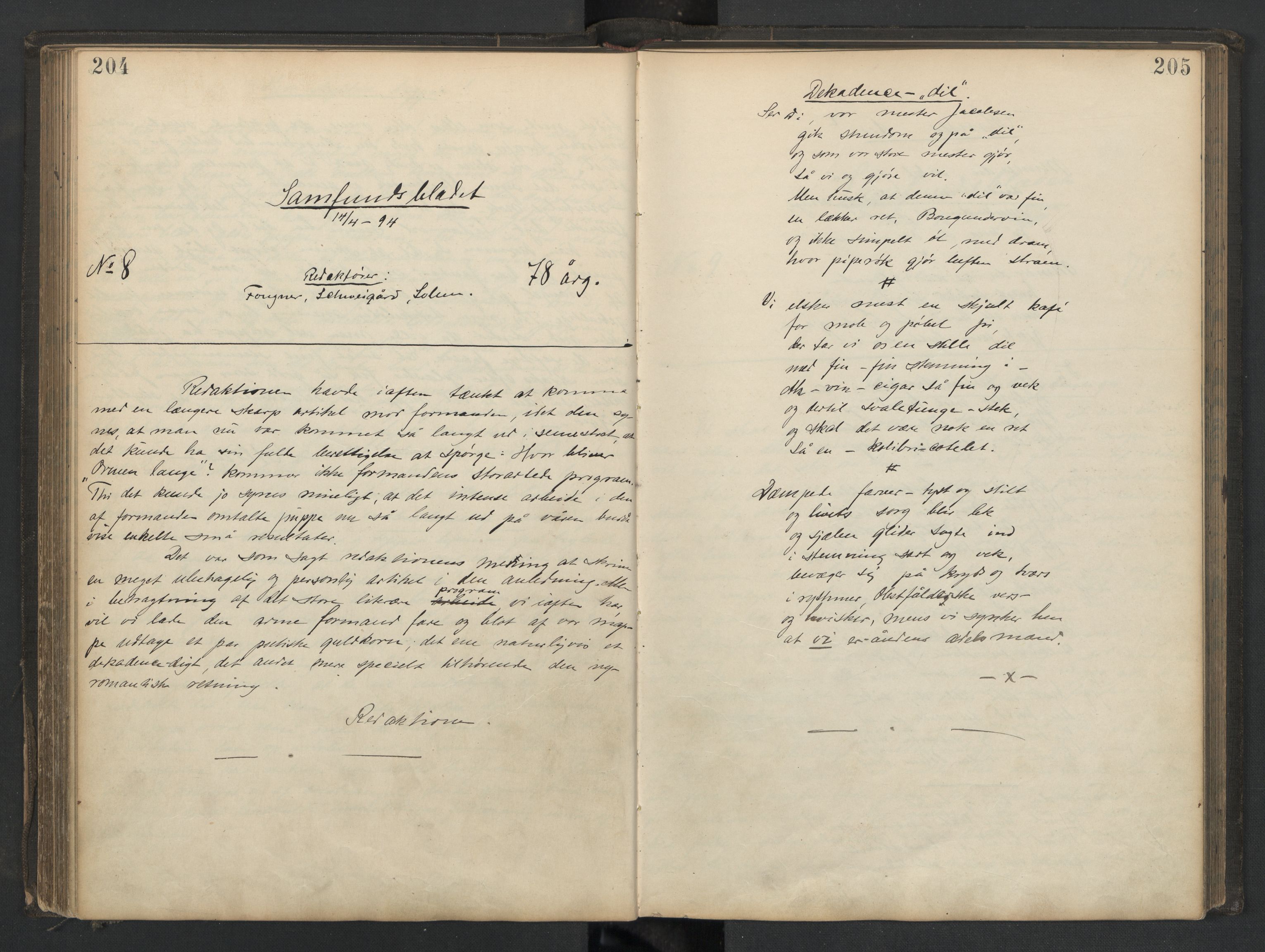 Det Norske Studentersamfund, AV/RA-PA-1322/X/Xa/L0013/0002: -- / Samfundsbladet/Studentersamfundets Avis, 1892-1895, s. 204-205