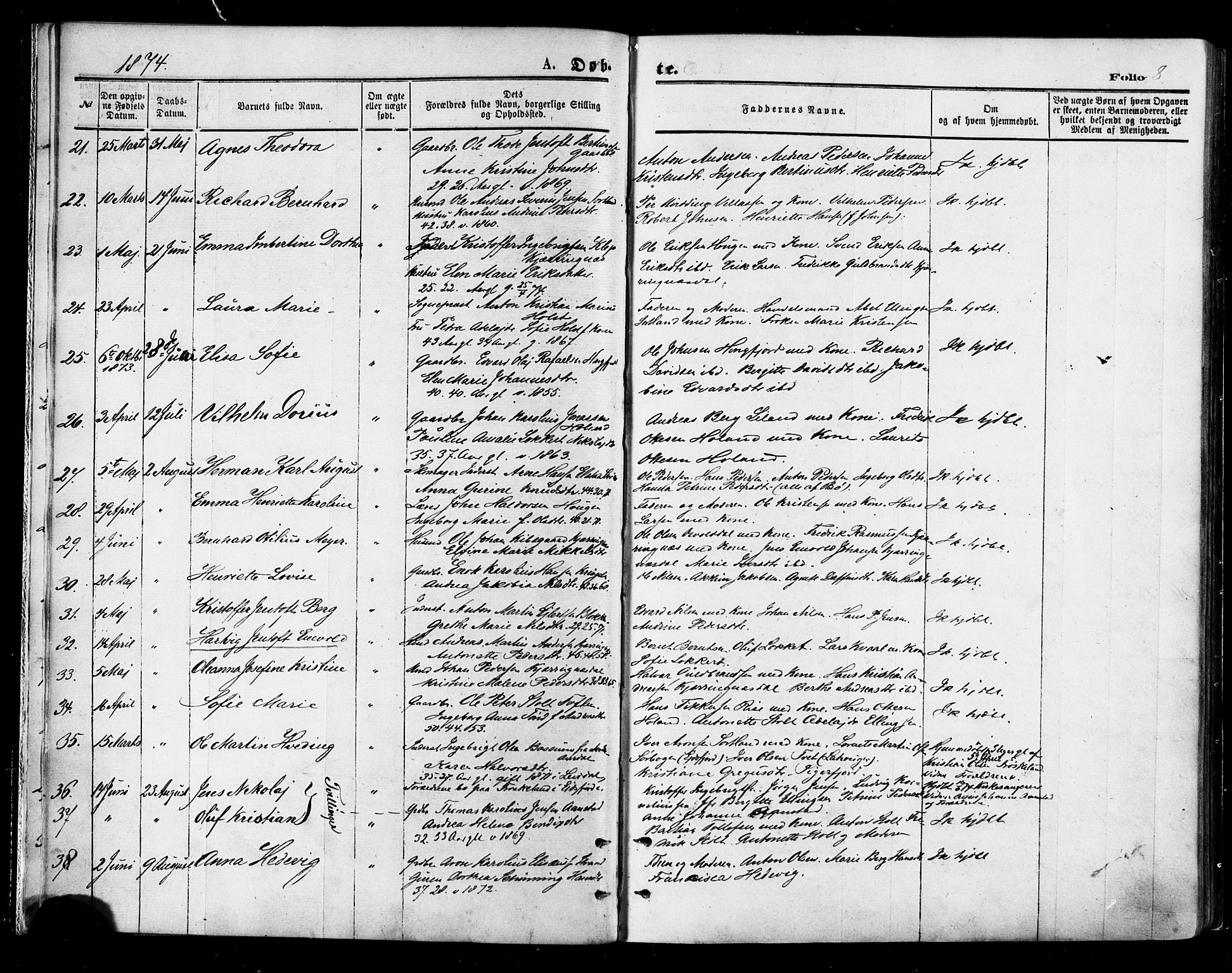Ministerialprotokoller, klokkerbøker og fødselsregistre - Nordland, AV/SAT-A-1459/895/L1370: Ministerialbok nr. 895A05, 1873-1884, s. 8