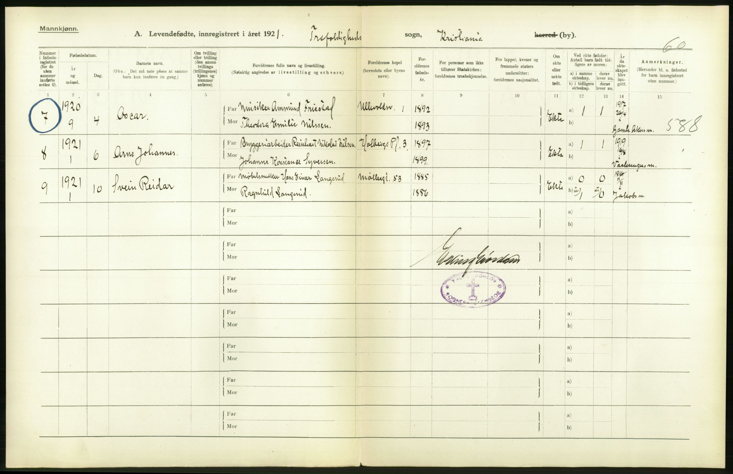 Statistisk sentralbyrå, Sosiodemografiske emner, Befolkning, RA/S-2228/D/Df/Dfc/Dfca/L0009: Kristiania: Levendefødte menn og kvinner., 1921, s. 428