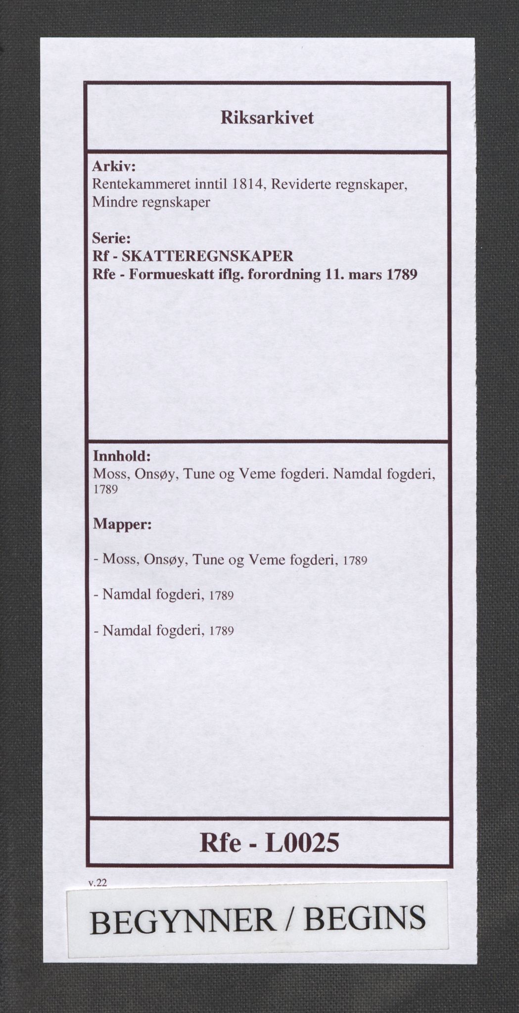 Rentekammeret inntil 1814, Reviderte regnskaper, Mindre regnskaper, RA/EA-4068/Rf/Rfe/L0025: Moss, Onsøy, Tune og Veme fogderi. Namdal fogderi, 1789, s. 1