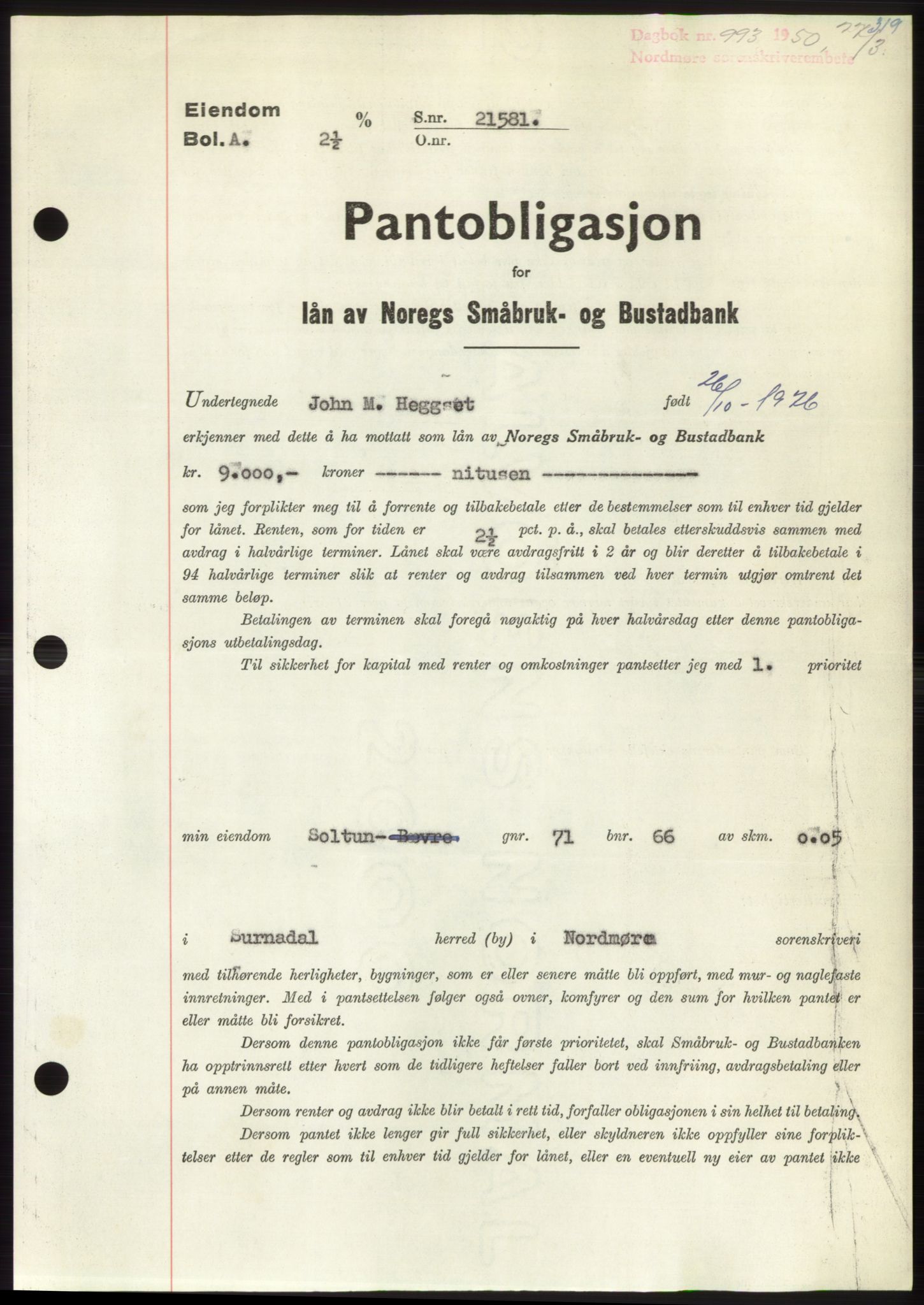 Nordmøre sorenskriveri, SAT/A-4132/1/2/2Ca: Pantebok nr. B104, 1950-1950, Dagboknr: 993/1950