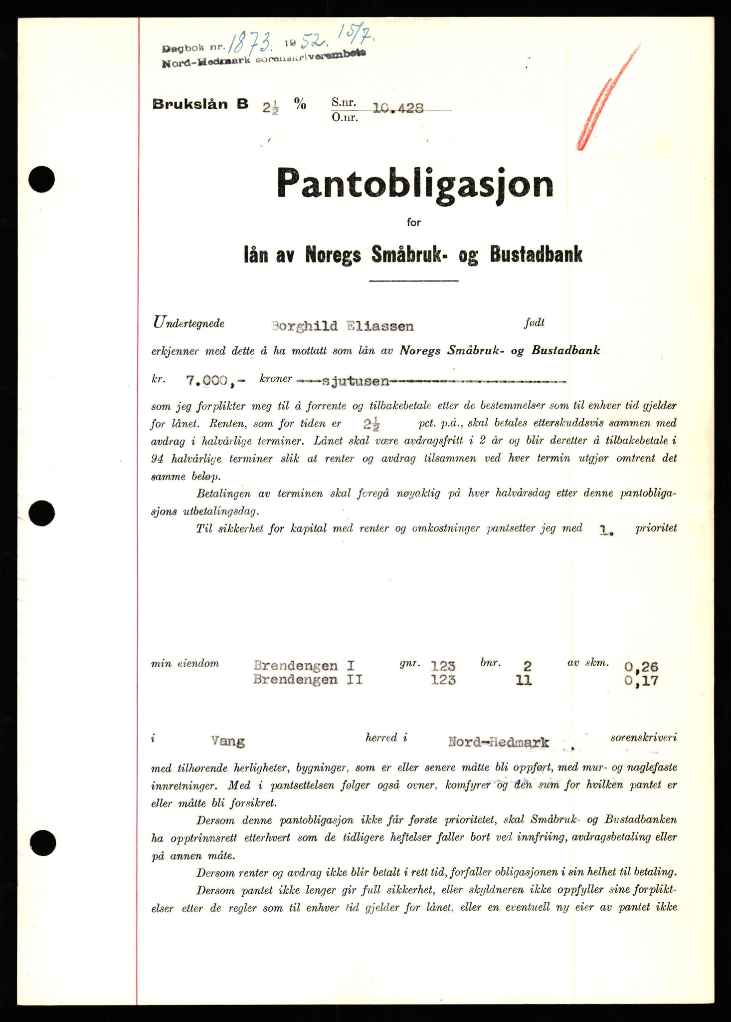 Nord-Hedmark sorenskriveri, SAH/TING-012/H/Hb/Hbf/L0025: Pantebok nr. B25, 1952-1952, Dagboknr: 1873/1952