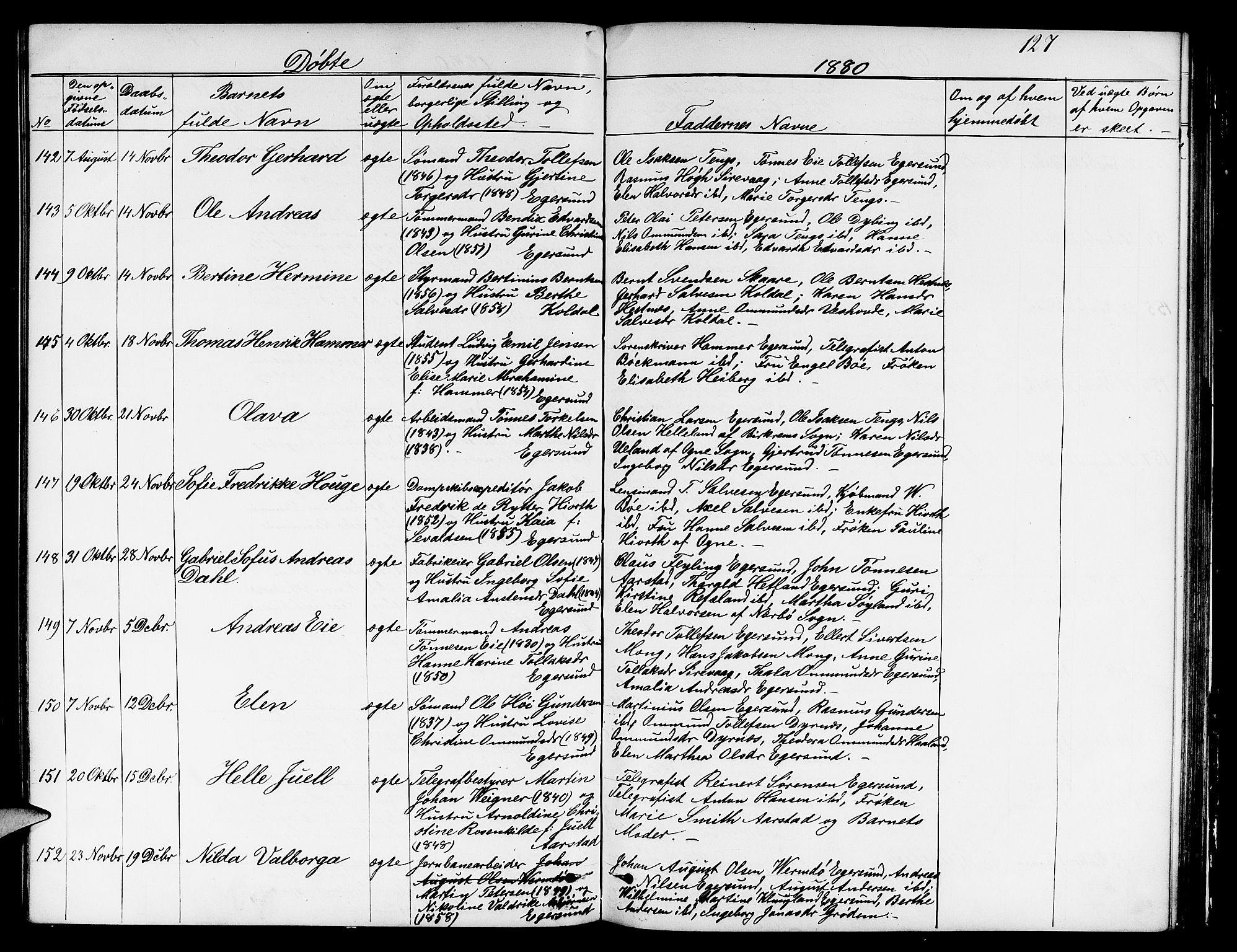 Eigersund sokneprestkontor, AV/SAST-A-101807/001/30/30BB/L0005: Klokkerbok nr. B 5, 1872-1881, s. 127
