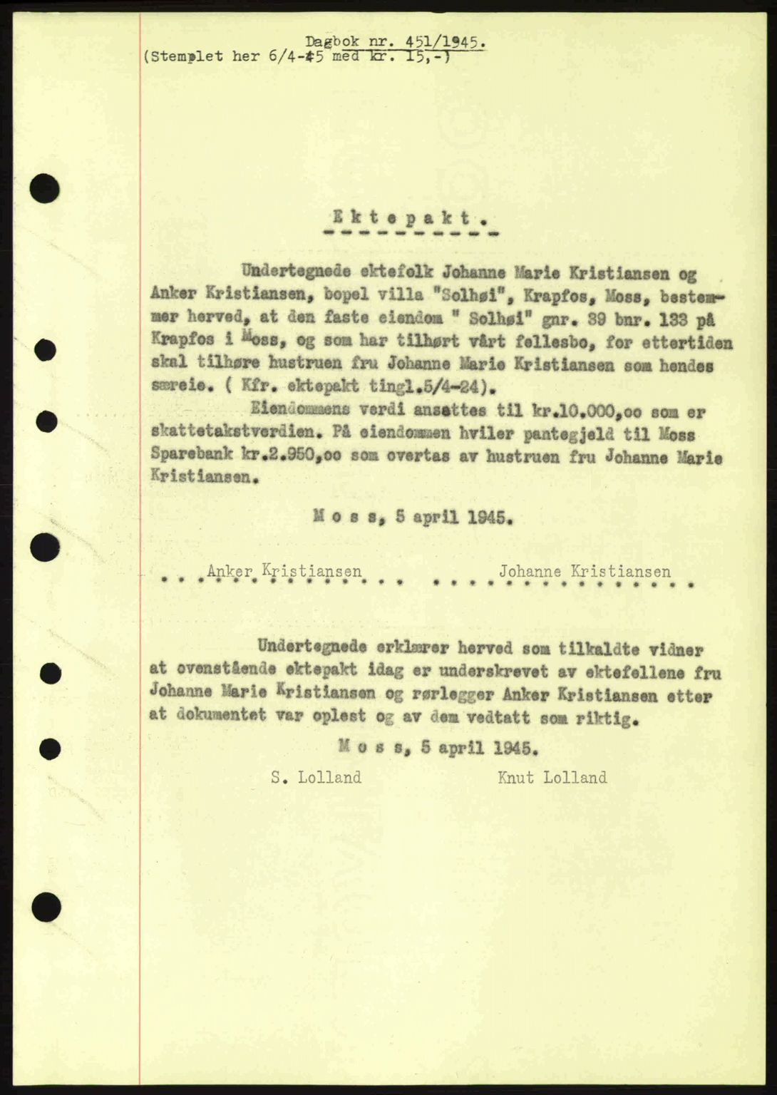 Moss sorenskriveri, SAO/A-10168: Pantebok nr. A13, 1944-1945, Dagboknr: 451/1945