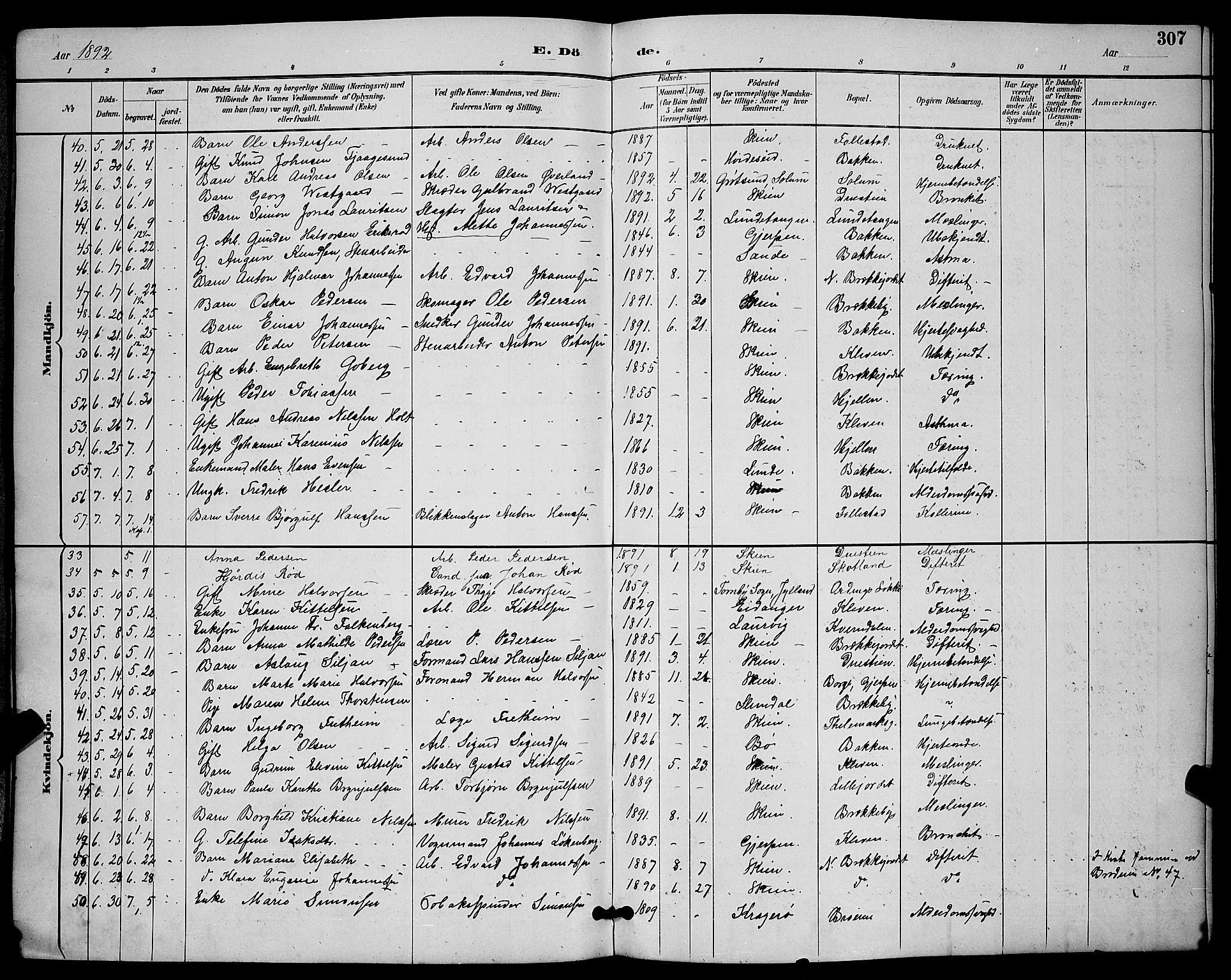 Skien kirkebøker, AV/SAKO-A-302/G/Ga/L0007: Klokkerbok nr. 7, 1891-1900, s. 307