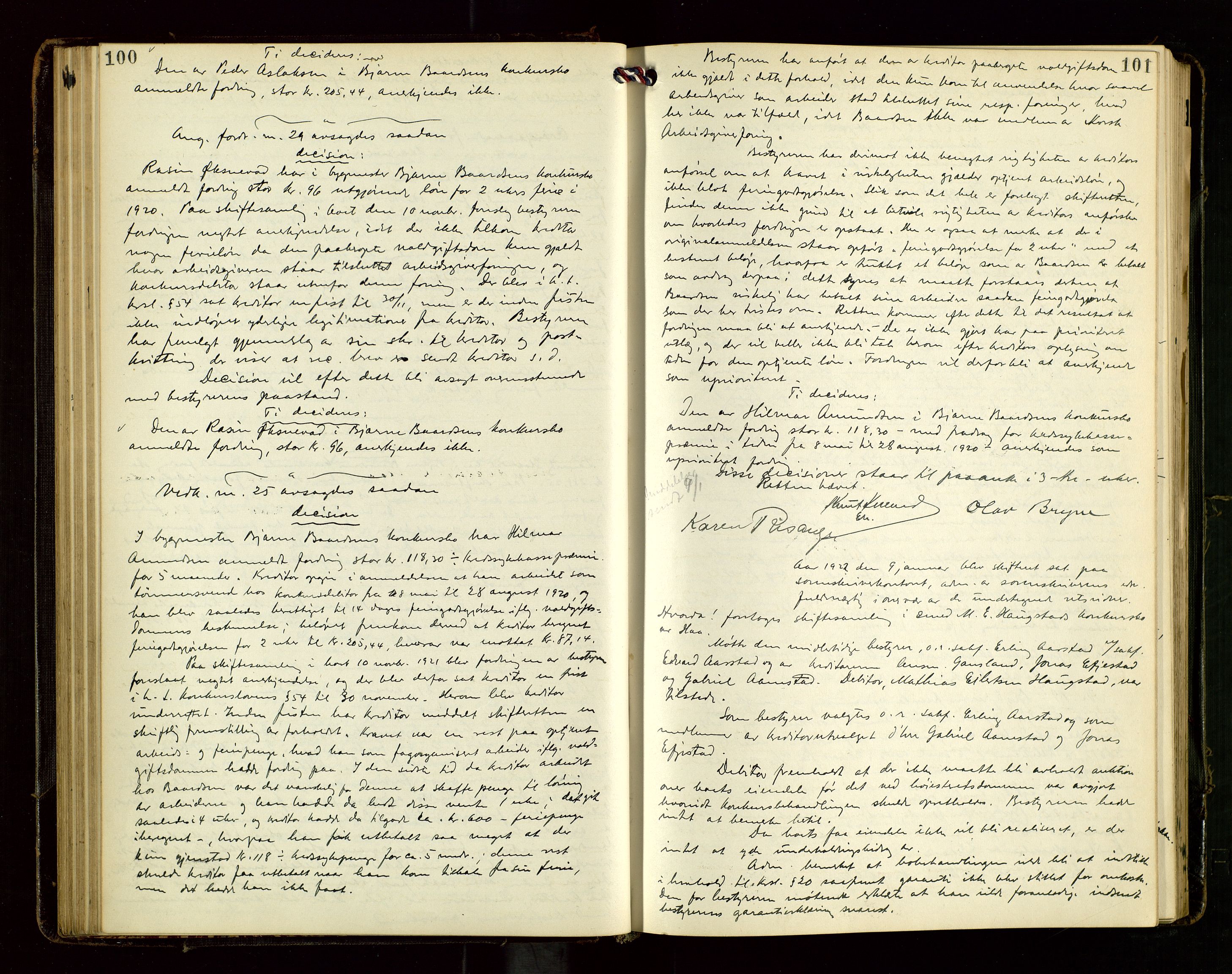 Jæren sorenskriveri, AV/SAST-A-100310/02/G/Gc/L0001: Skifteforhandlingsprotokoll nr. 7 - konkurs, 1921-1926, s. 100-101