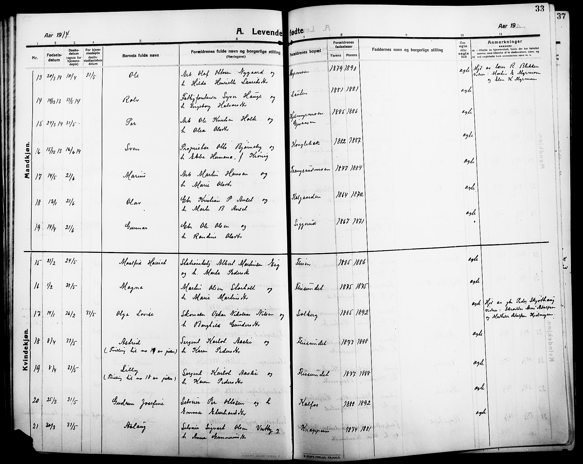 Åsnes prestekontor, SAH/PREST-042/H/Ha/Hab/L0007: Klokkerbok nr. 7, 1909-1926, s. 33