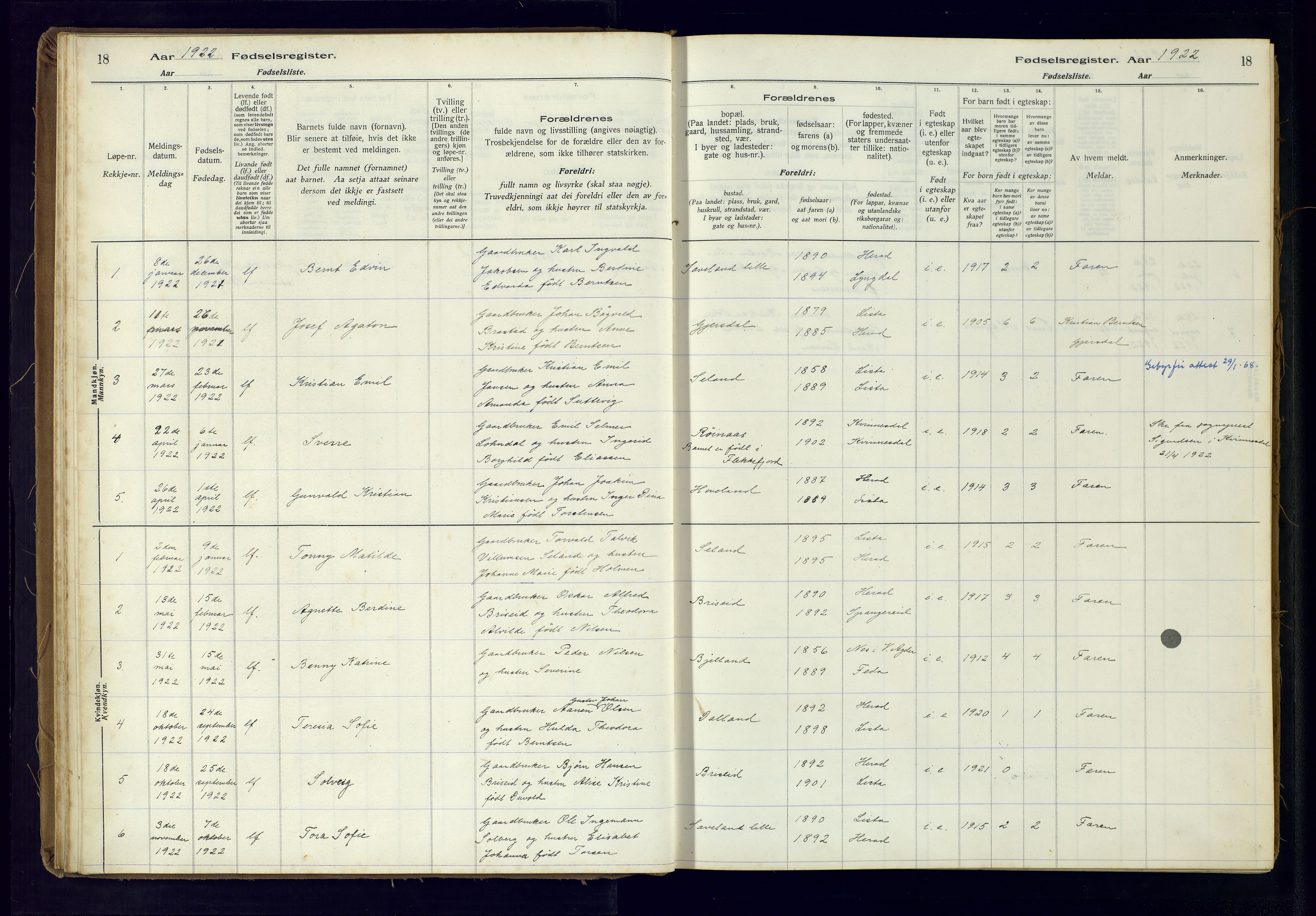 Herad sokneprestkontor, AV/SAK-1111-0018/J/Ja/L0001: Fødselsregister nr. A-VI-12, 1916-1981, s. 18