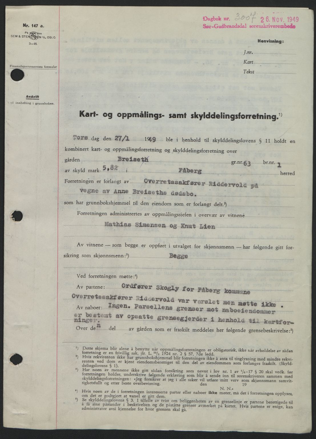 Sør-Gudbrandsdal tingrett, SAH/TING-004/H/Hb/Hbd/L0026: Pantebok nr. A26, 1949-1949, Dagboknr: 3007/1949