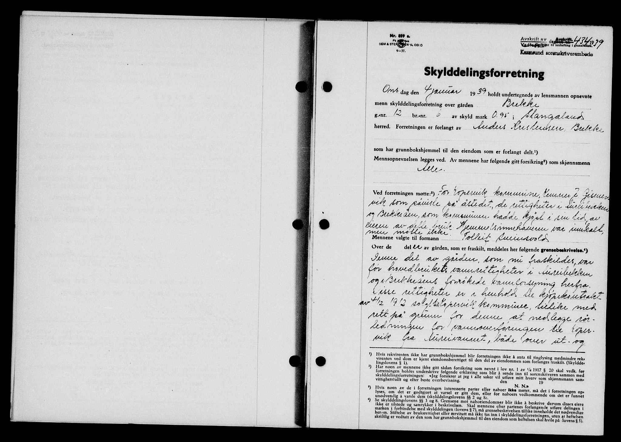 Karmsund sorenskriveri, SAST/A-100311/01/II/IIB/L0071: Pantebok nr. 52A, 1939-1939, Dagboknr: 434/1939