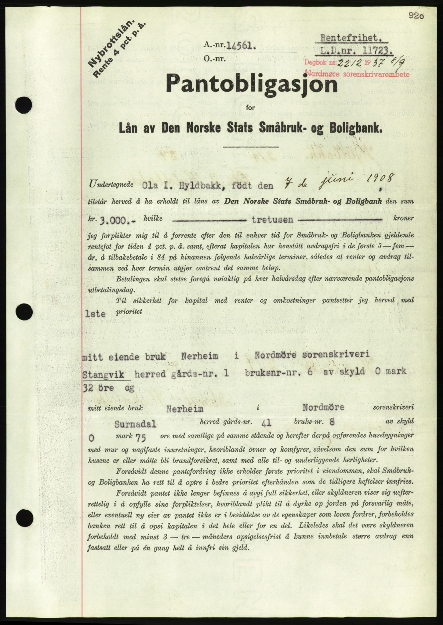 Nordmøre sorenskriveri, AV/SAT-A-4132/1/2/2Ca/L0091: Pantebok nr. B81, 1937-1937, Dagboknr: 2212/1937