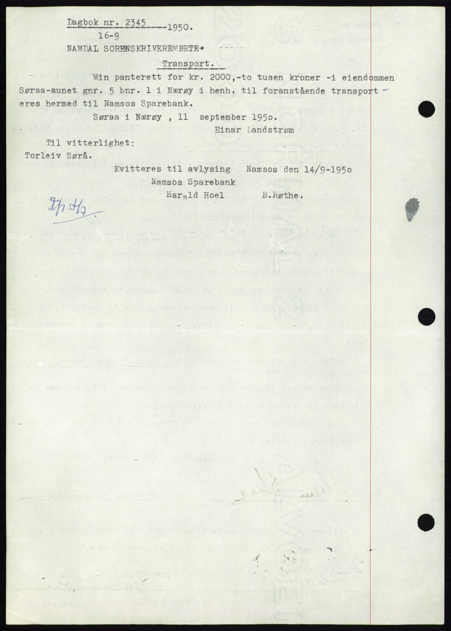 Namdal sorenskriveri, SAT/A-4133/1/2/2C: Pantebok nr. -, 1944-1945, Dagboknr: 2345/1945