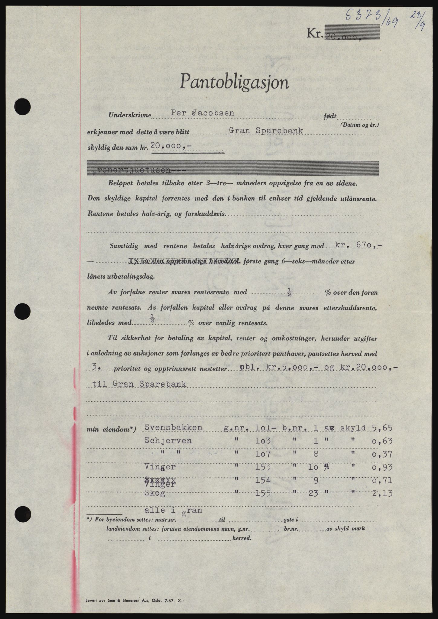 Hadeland og Land tingrett, SAH/TING-010/H/Hb/Hbc/L0074: Pantebok nr. B74, 1969-1969, Dagboknr: 5373/1969