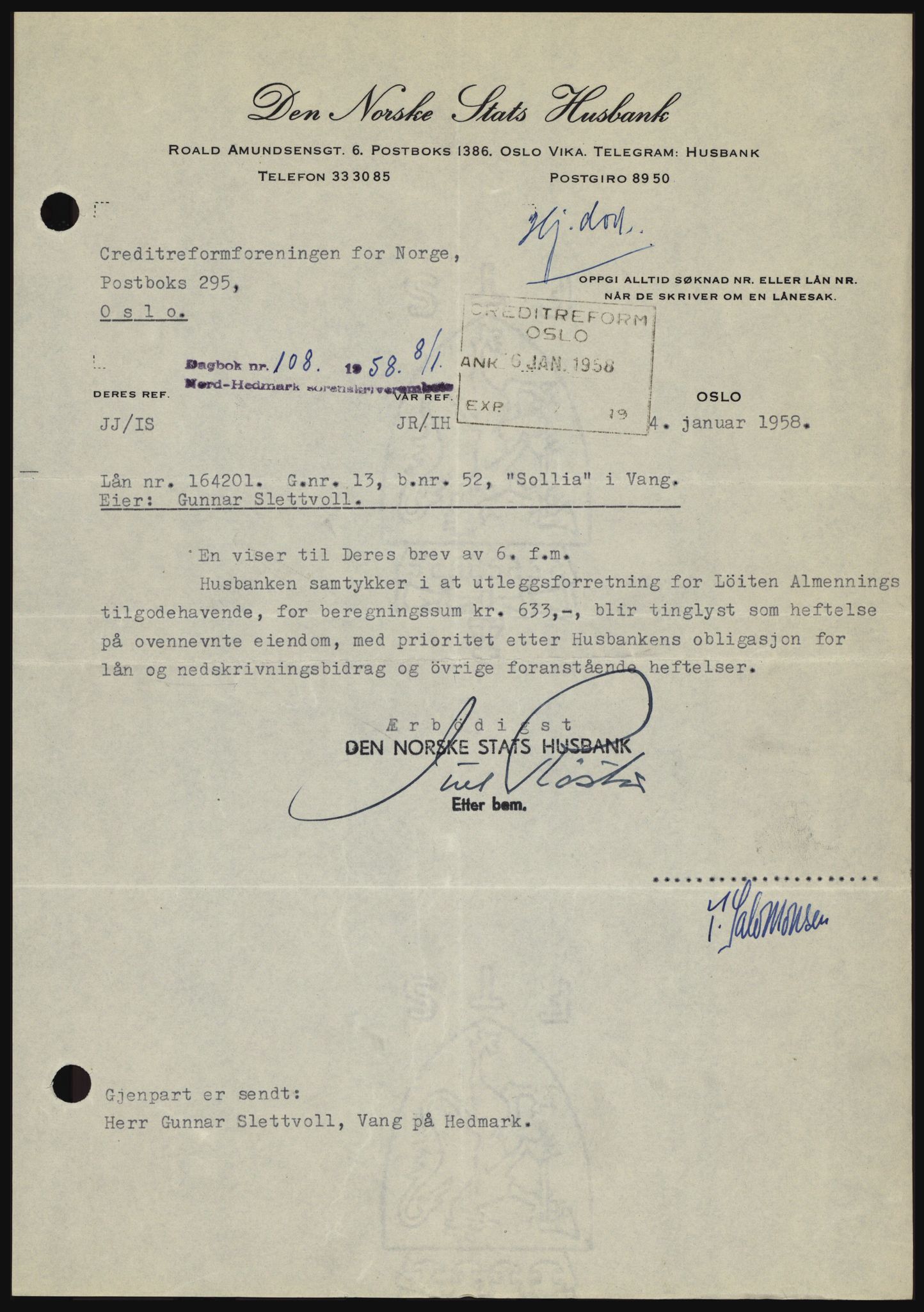 Nord-Hedmark sorenskriveri, SAH/TING-012/H/Hc/L0012: Pantebok nr. 12, 1957-1958, Dagboknr: 108/1958