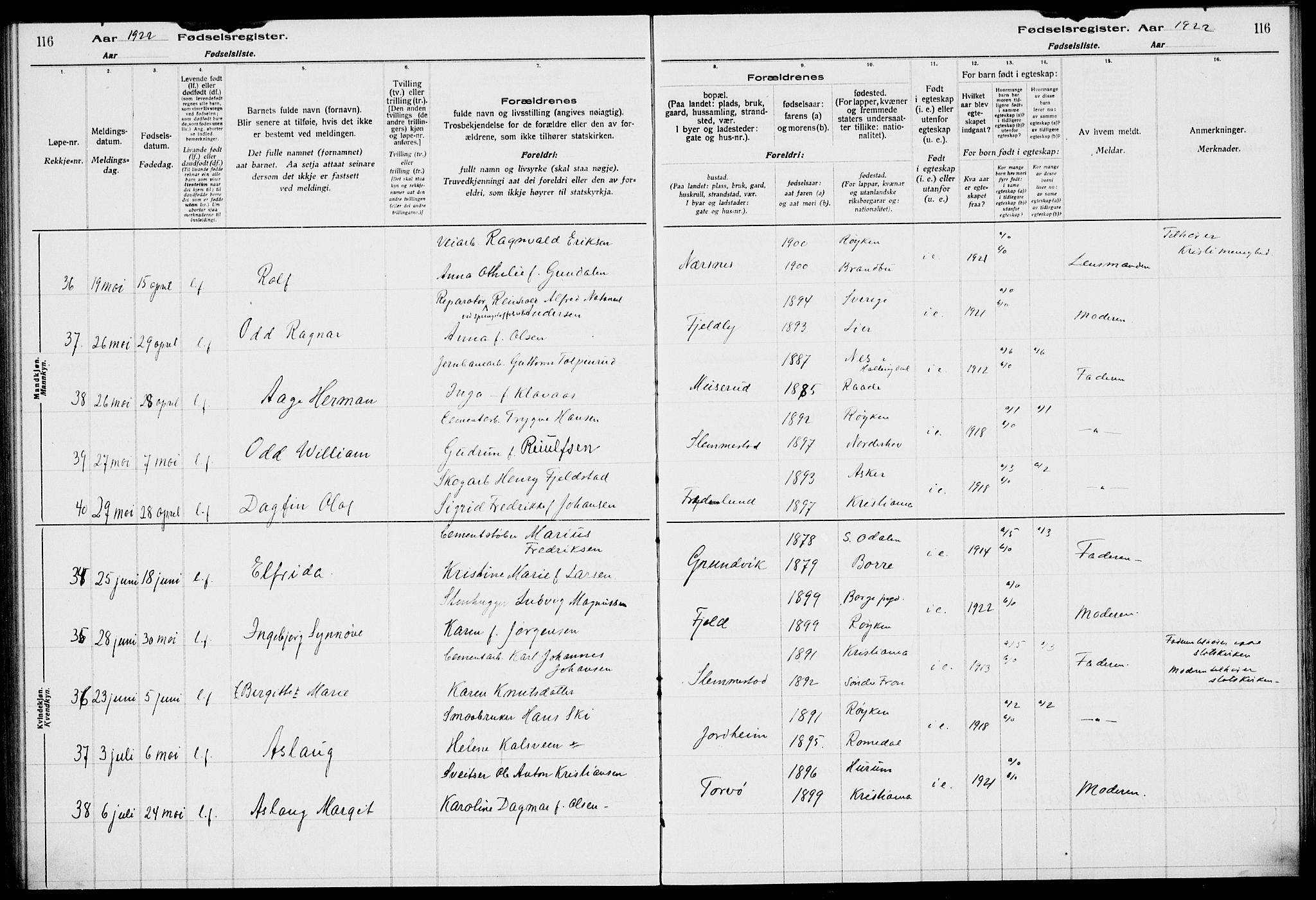 Røyken kirkebøker, SAKO/A-241/J/Ja/L0001: Fødselsregister nr. 1, 1916-1927, s. 116