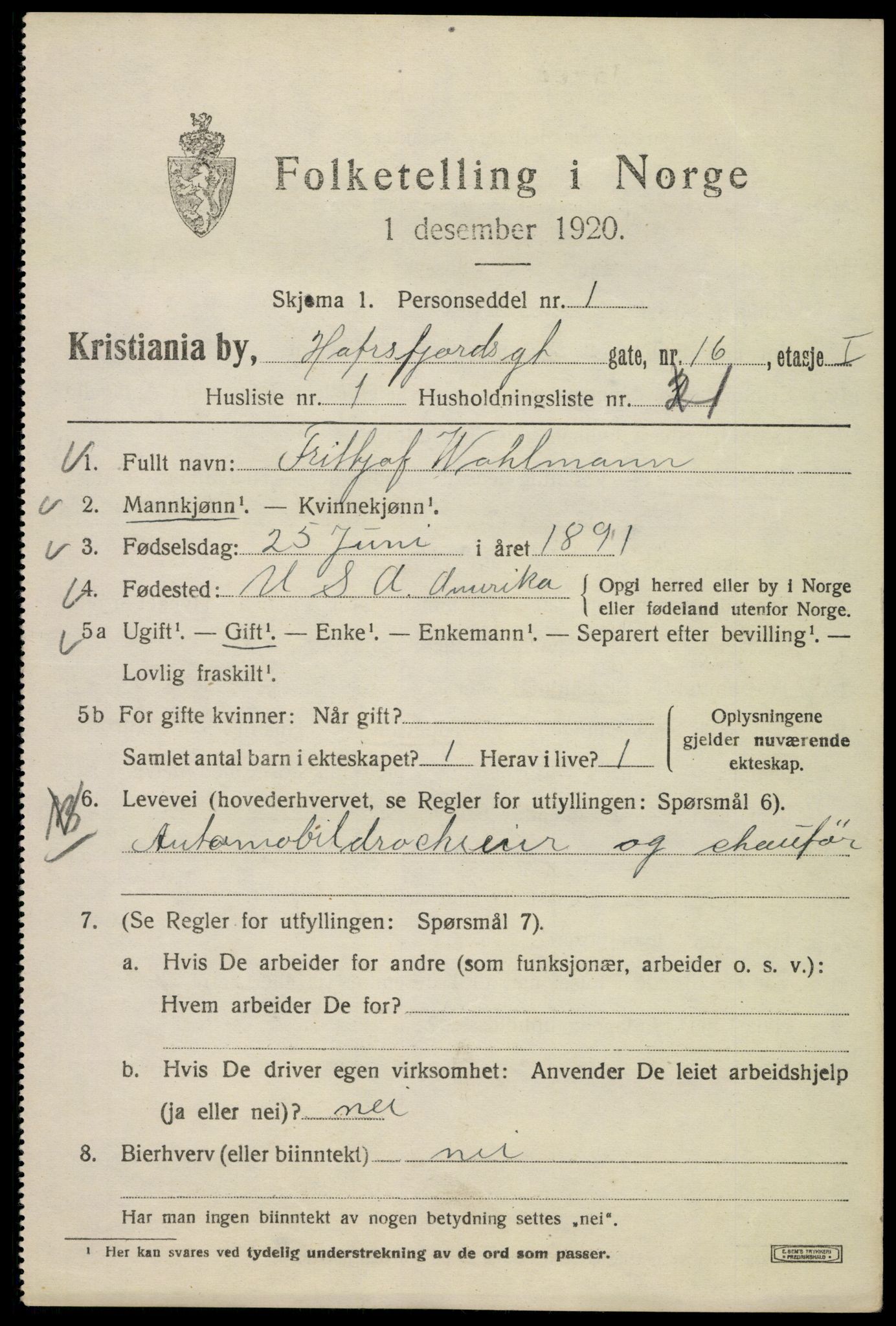 SAO, Folketelling 1920 for 0301 Kristiania kjøpstad, 1920, s. 266909