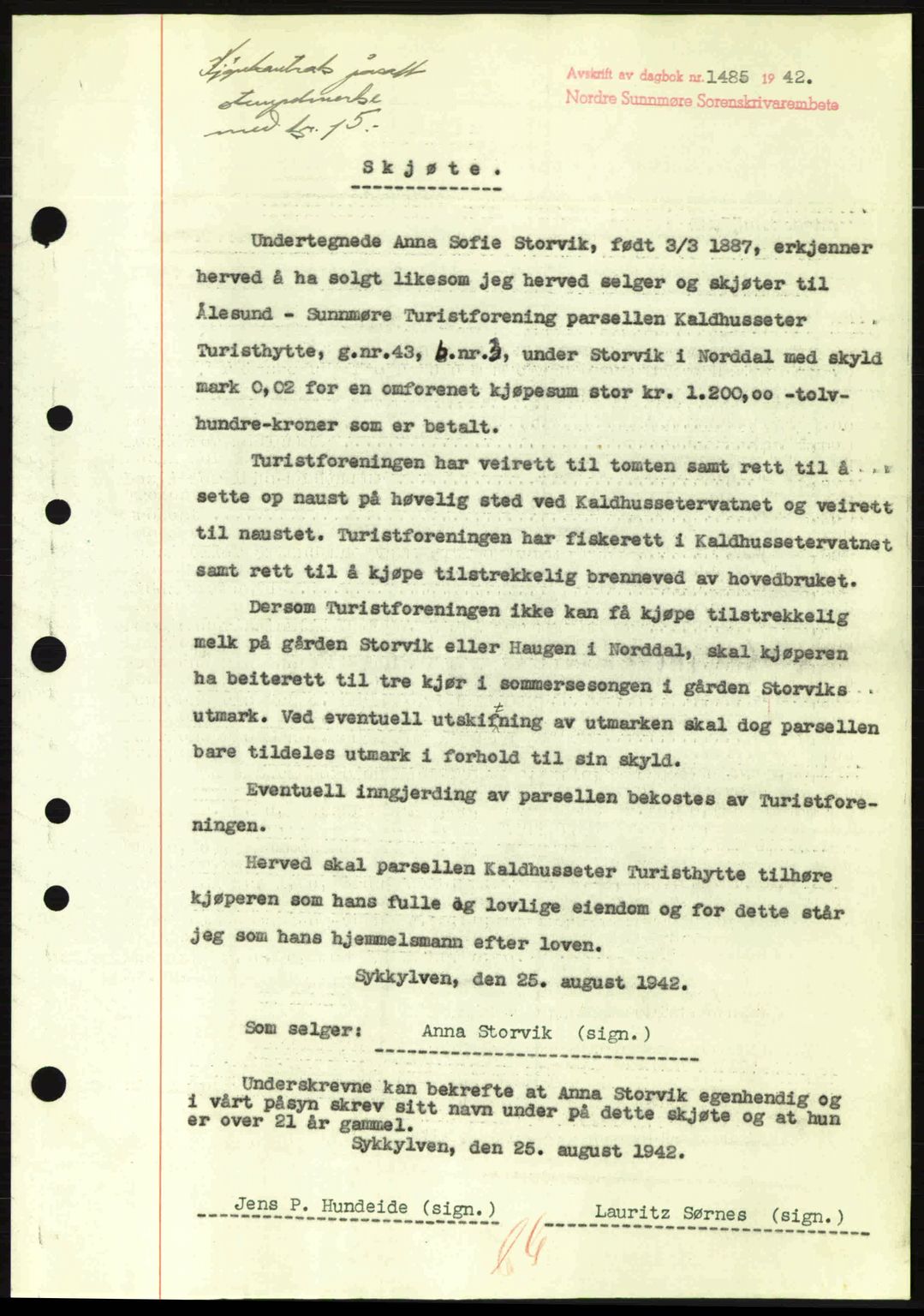 Nordre Sunnmøre sorenskriveri, SAT/A-0006/1/2/2C/2Ca: Pantebok nr. A14, 1942-1942, Dagboknr: 1485/1942