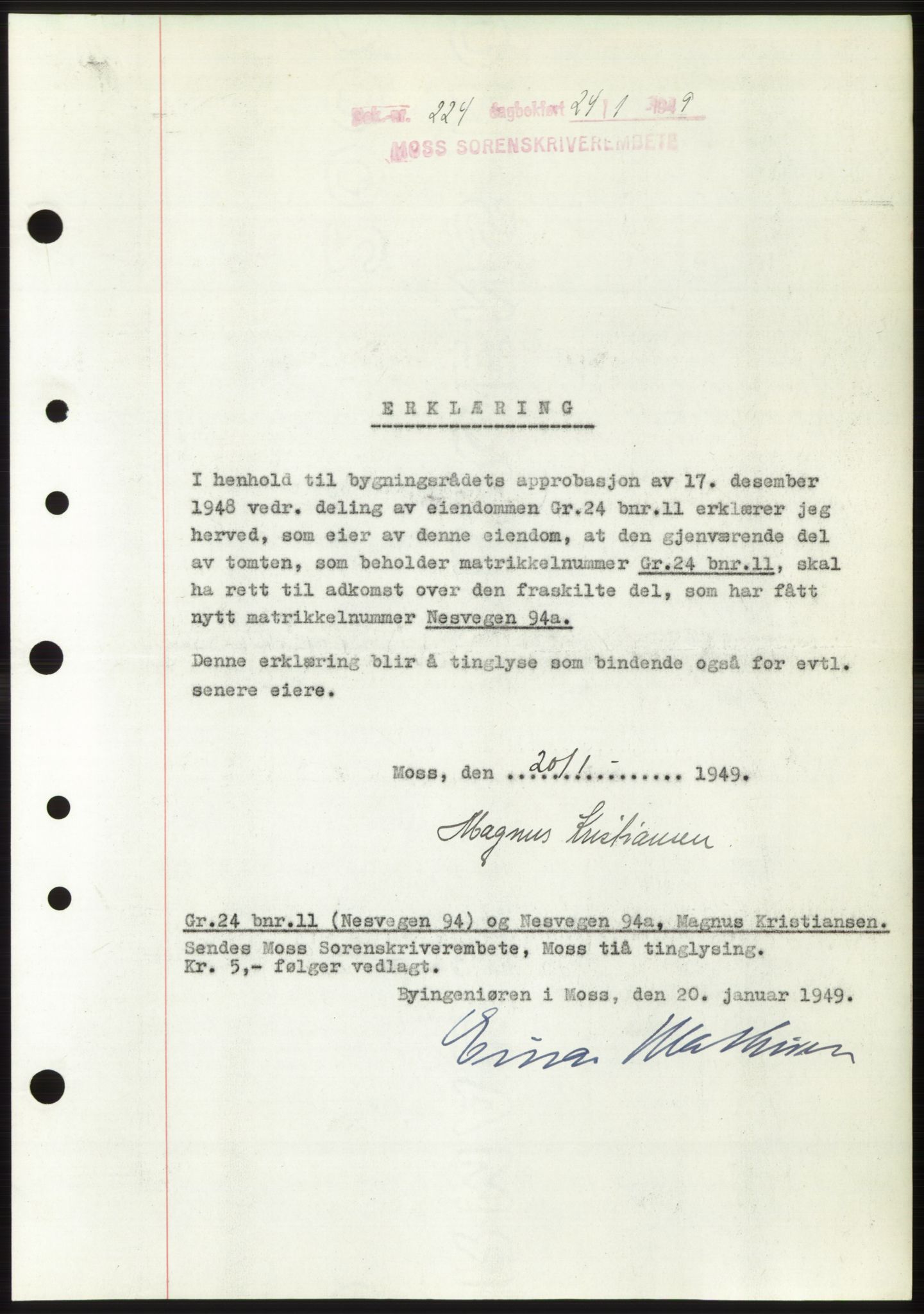 Moss sorenskriveri, SAO/A-10168: Pantebok nr. B21, 1949-1949, Dagboknr: 224/1949